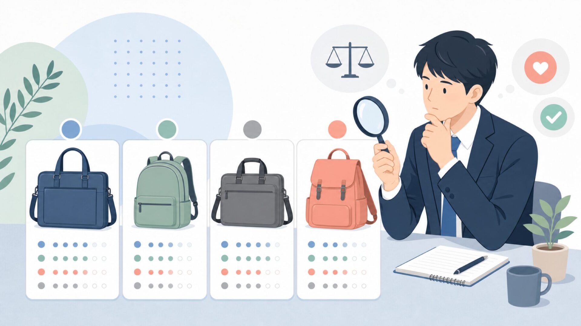複数の通勤バッグを比較検討する様子