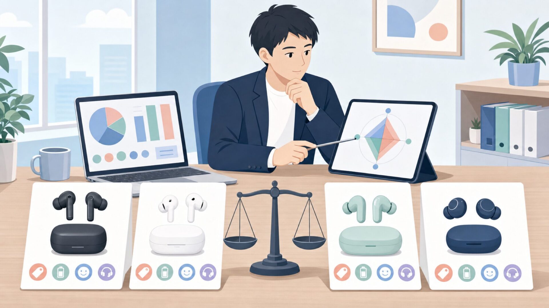 複数のイヤホンを比較する人物のイラスト