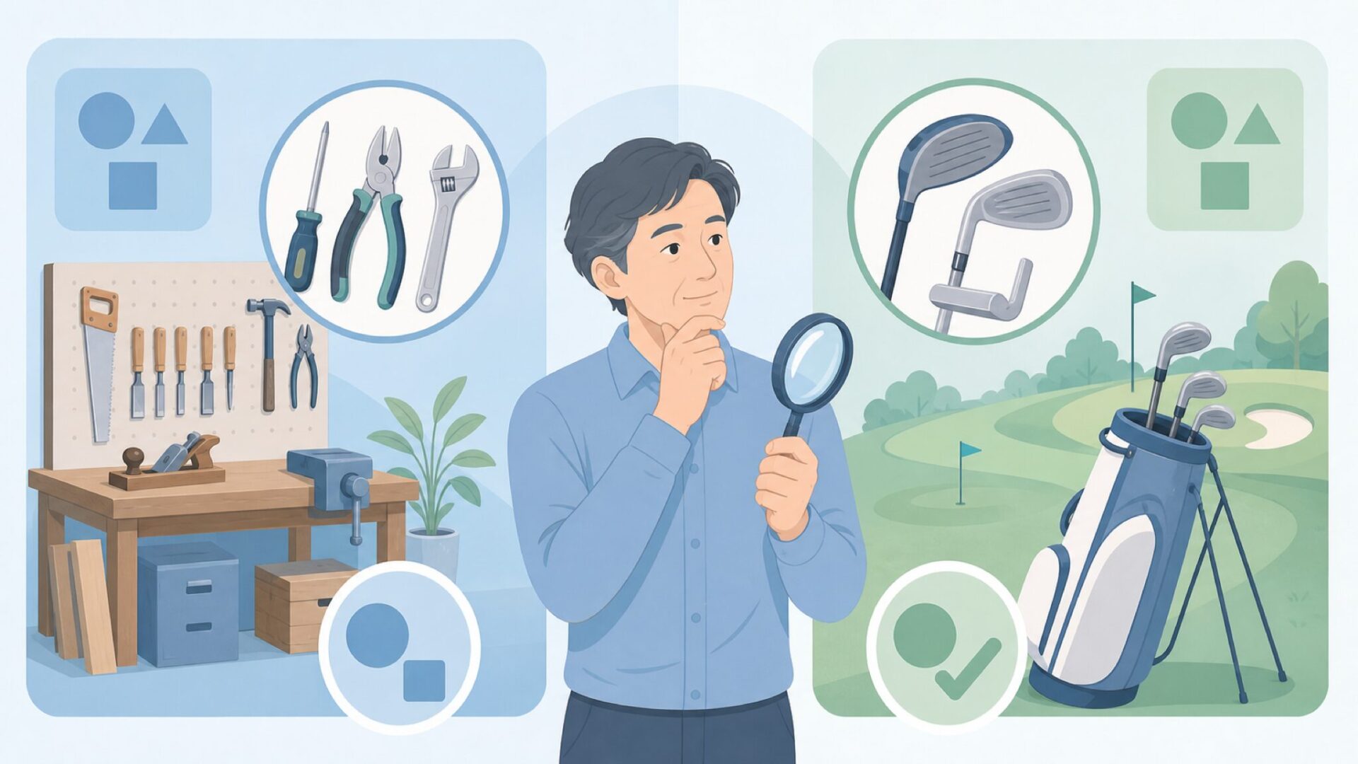 工具とゴルフ用品を比較して見分ける人物