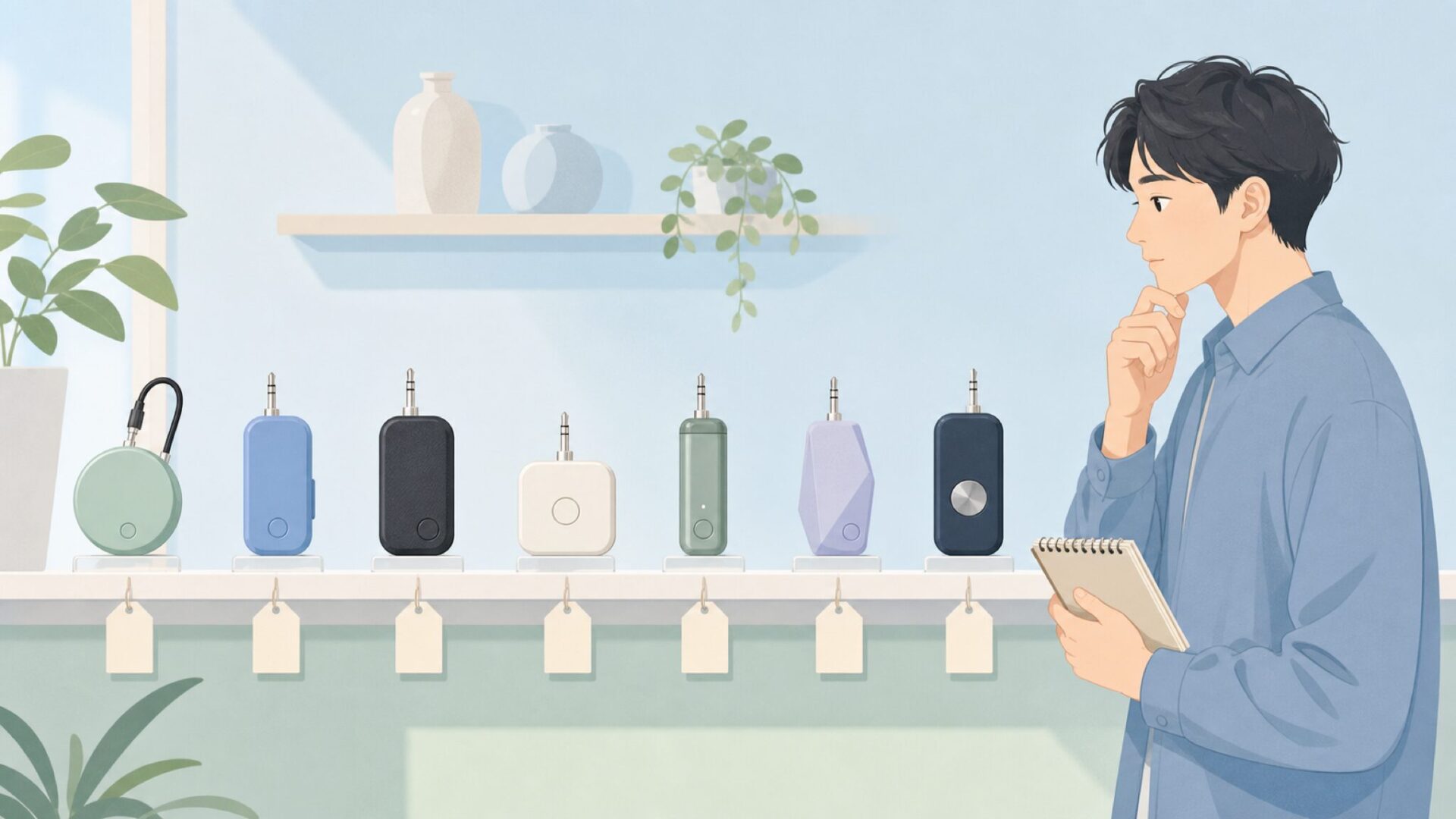 棚に並ぶ複数の代替ブランドを比較するイラスト