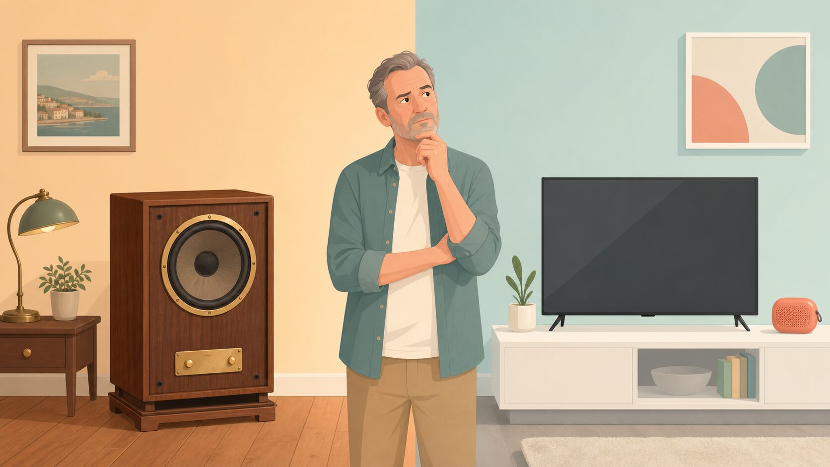 旧型と新型製品を比較する男性のイラスト