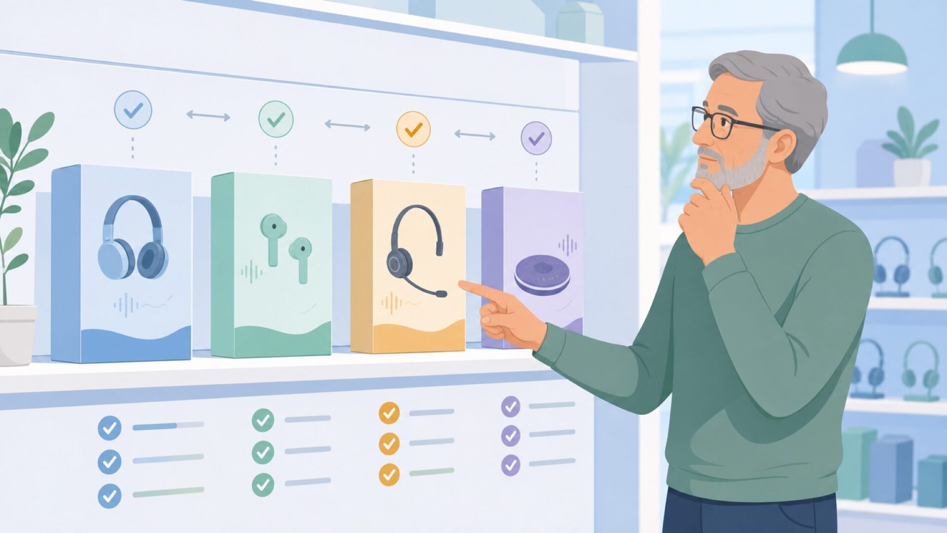 複数の製品ブランドを比較する人物のイラスト