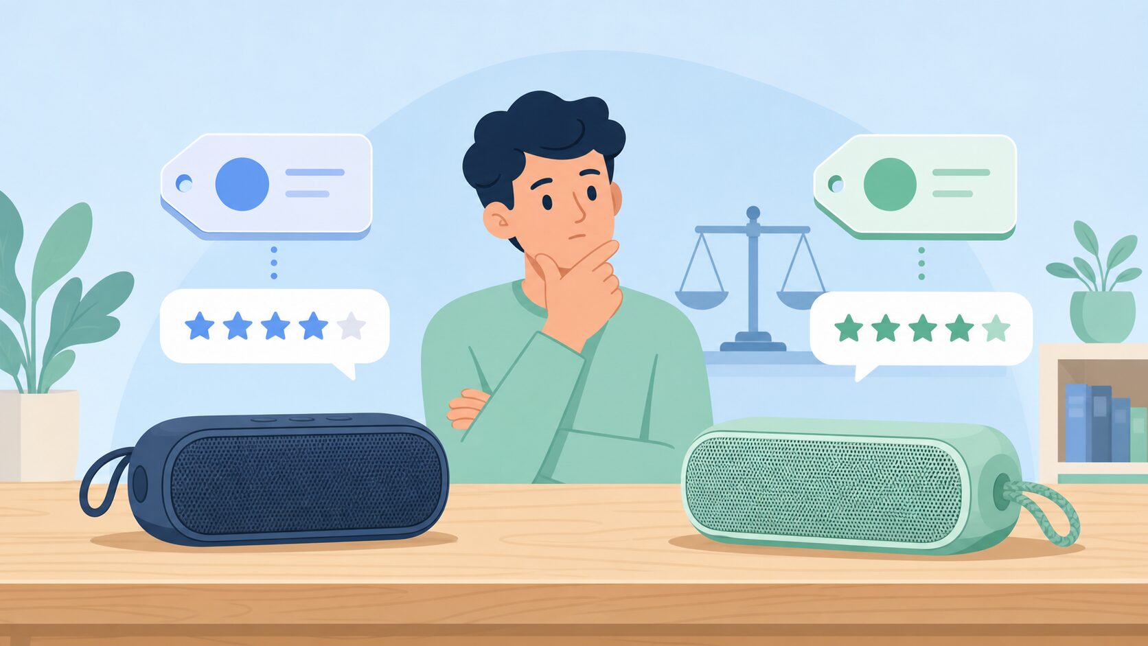2台のBluetoothスピーカーを比較する男性と天秤のフラットイラスト