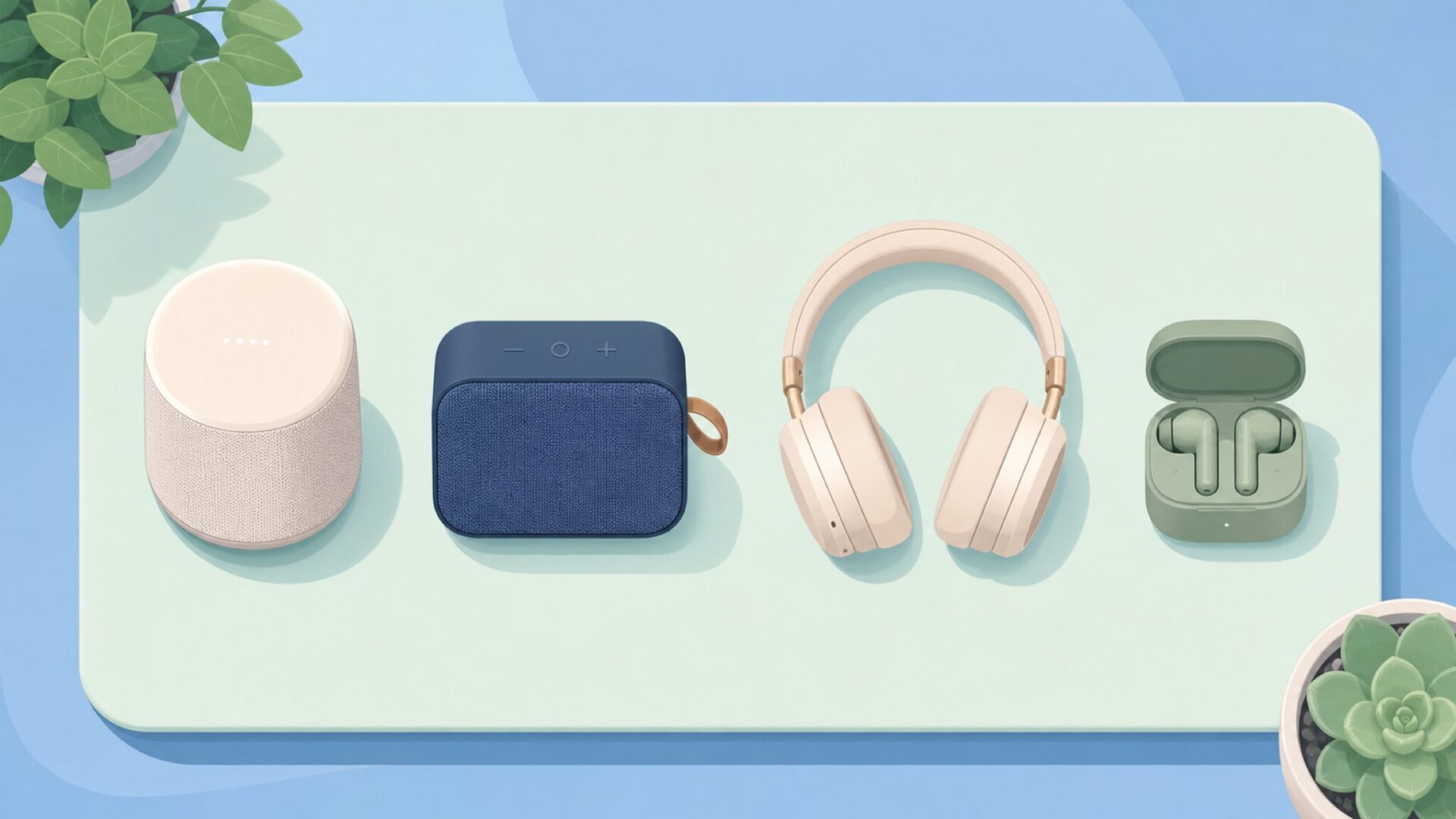 複数のオーディオ製品を並べてブランド比較するイラスト