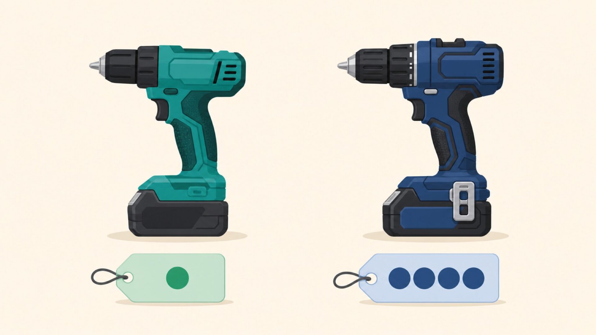 緑色と紺色の電動工具を価格タグ付きで比較するイラスト