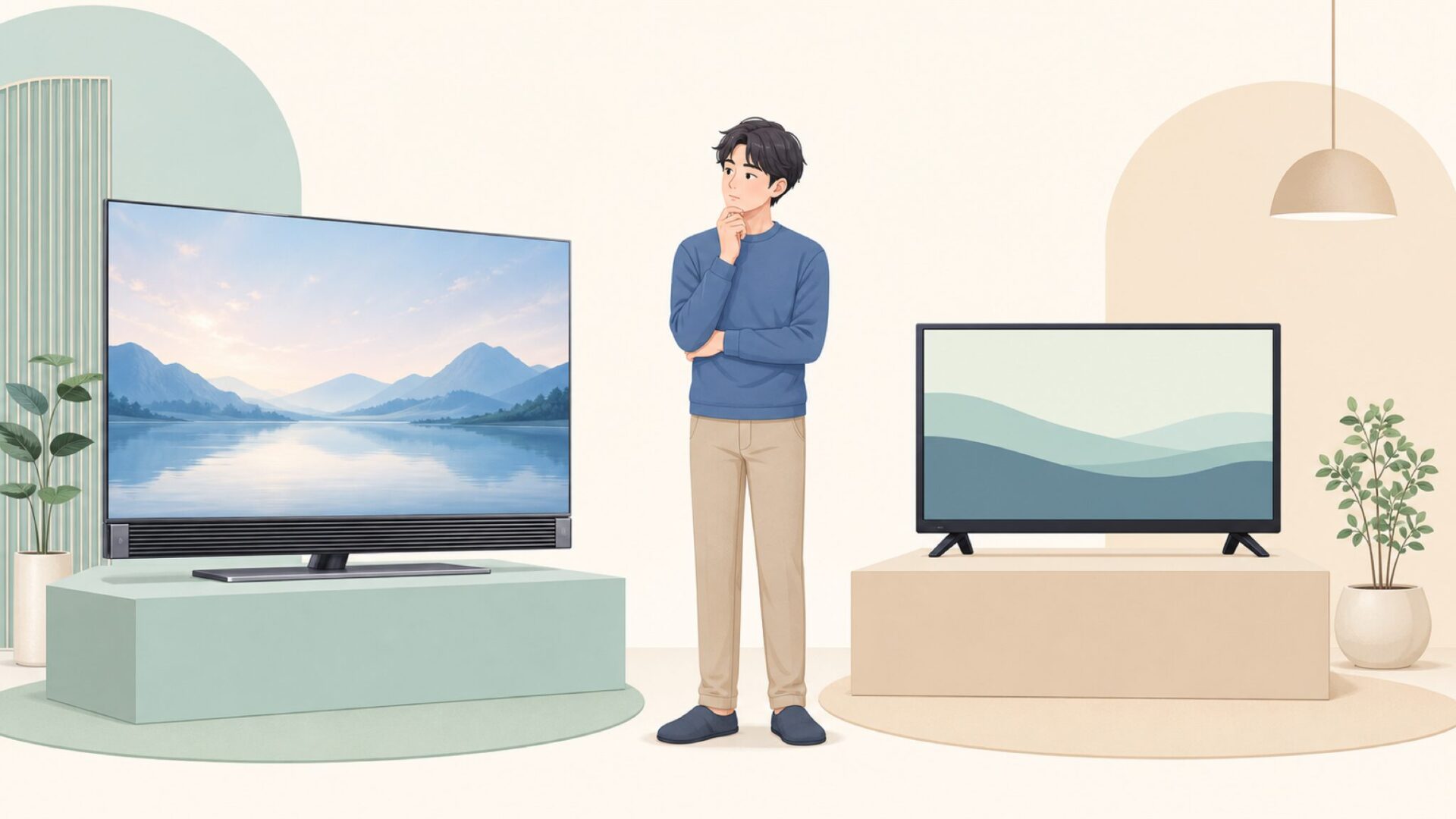 2台のテレビを比較検討する人物のイラスト