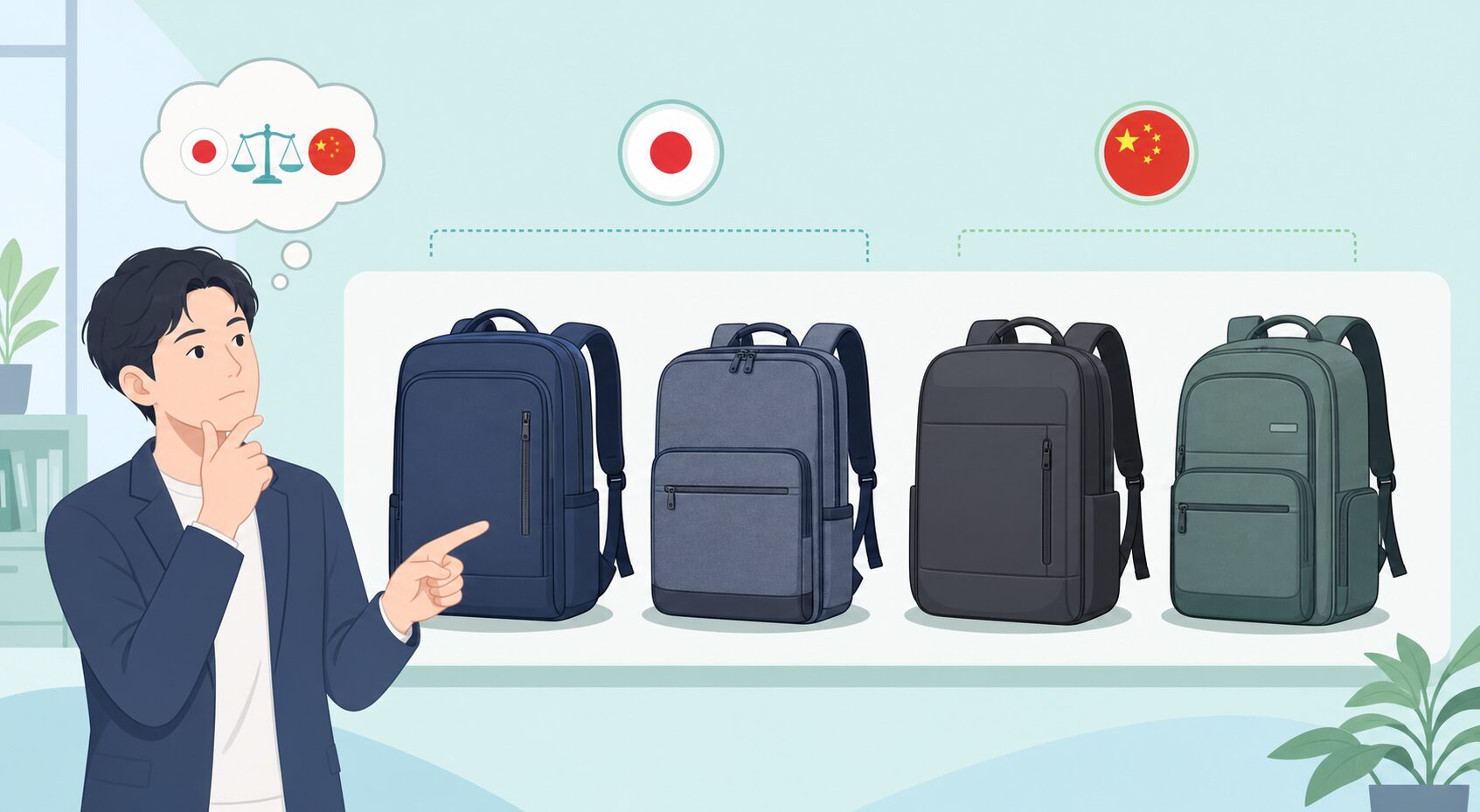 複数のビジネスリュックを比較する人物のフラットイラスト