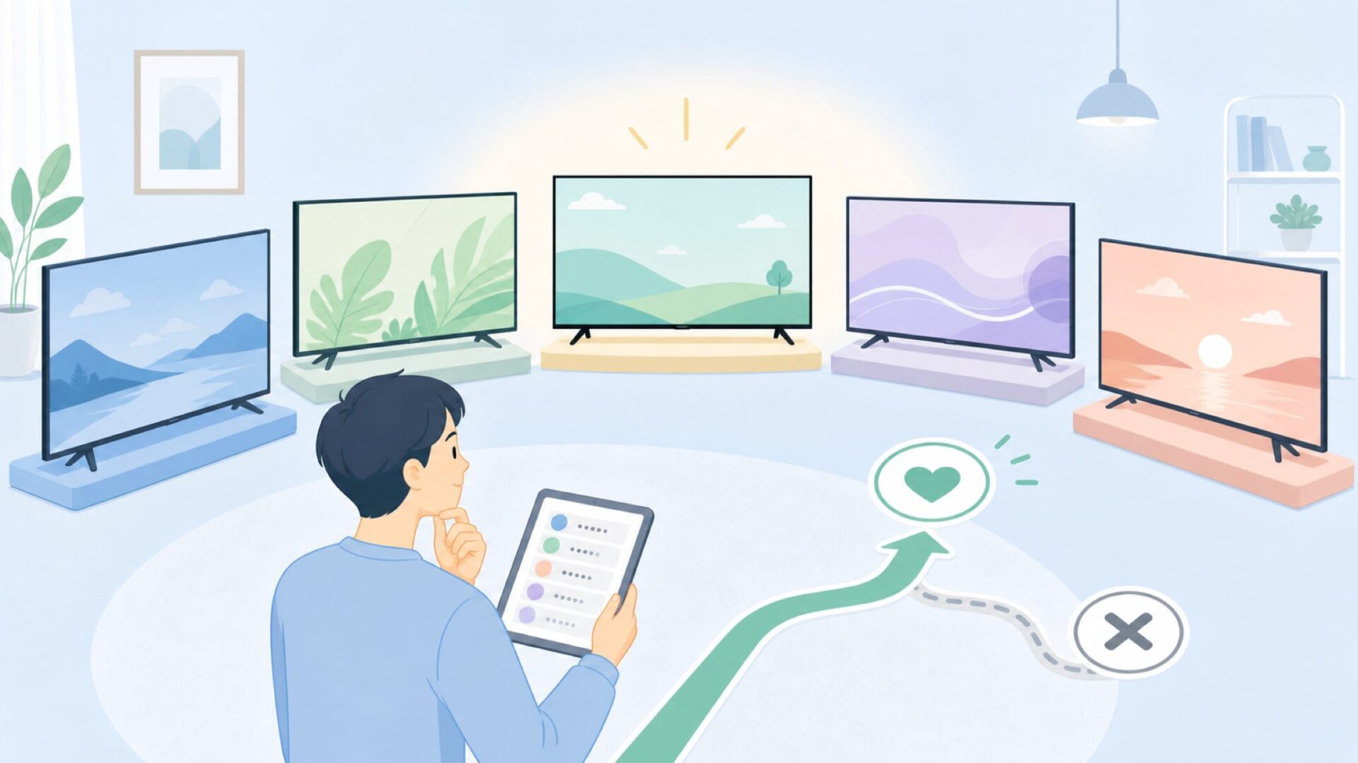 複数のテレビブランドを比較検討するイラスト
