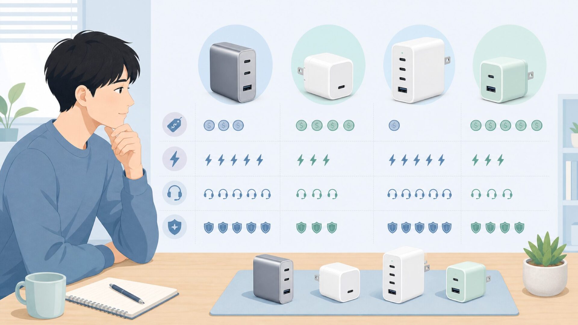 複数ブランドの充電器を比較するイラスト
