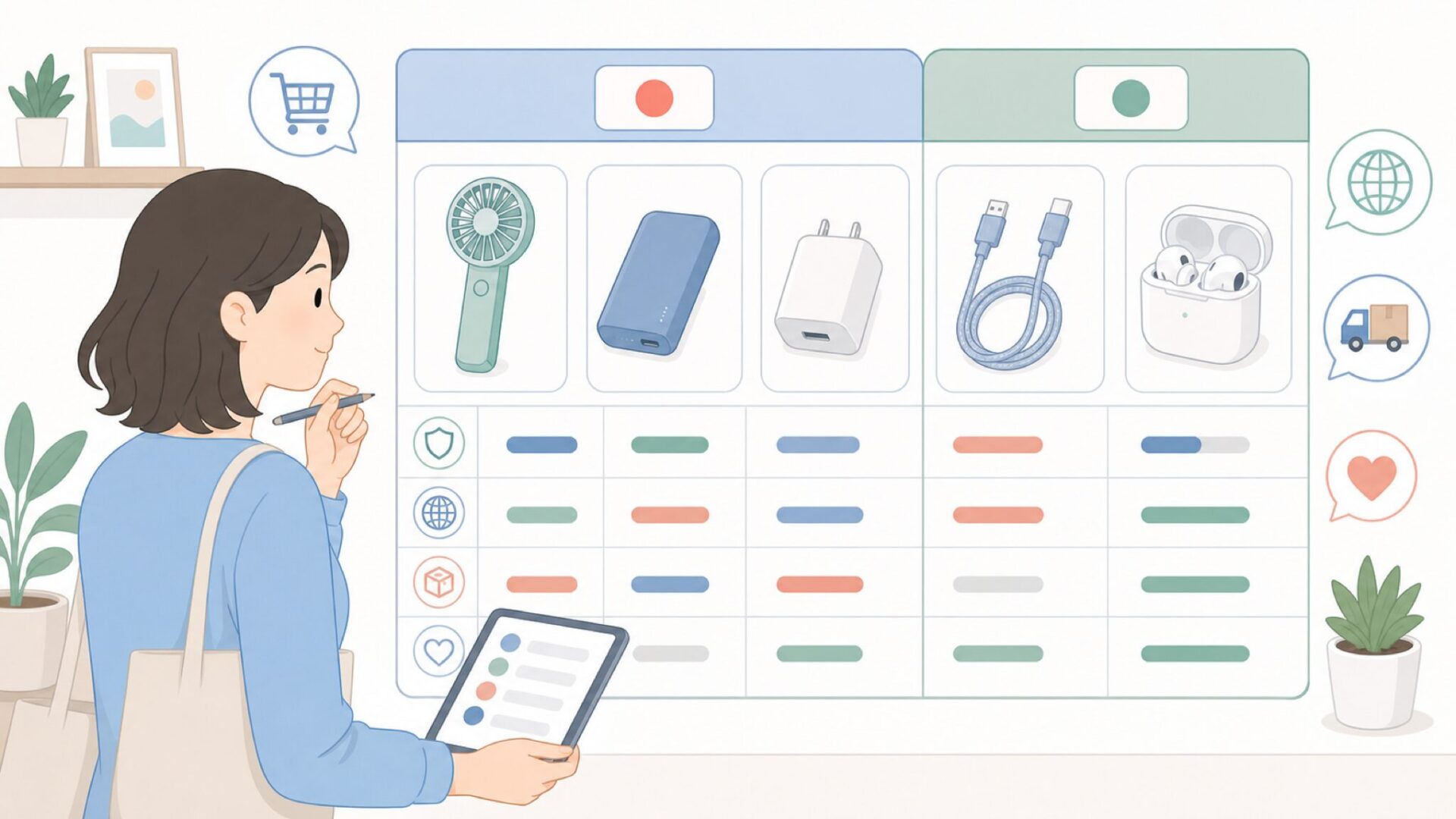 複数ブランドの商品を比較検討するイラスト