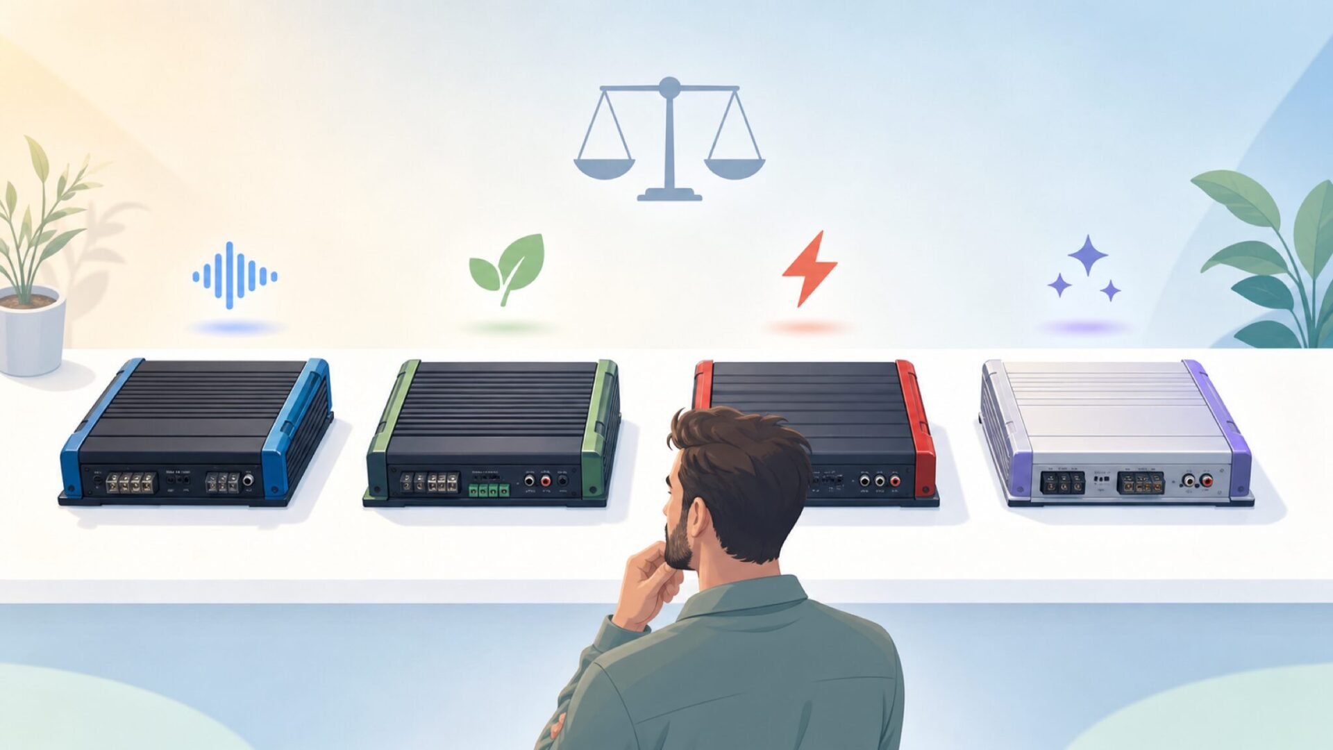 4つのカーアンプを並べて比較する男性のイラスト