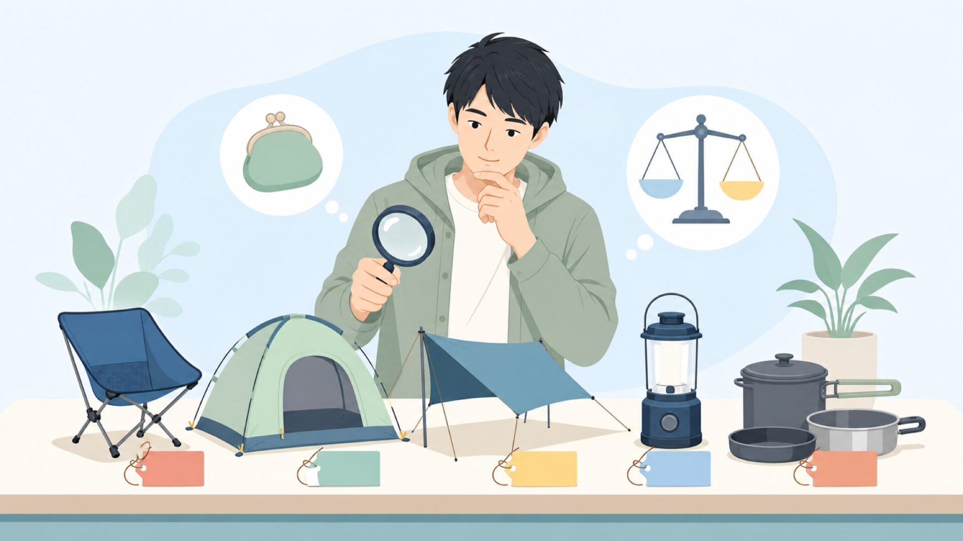 低価格帯のアウトドア用品を比較する様子