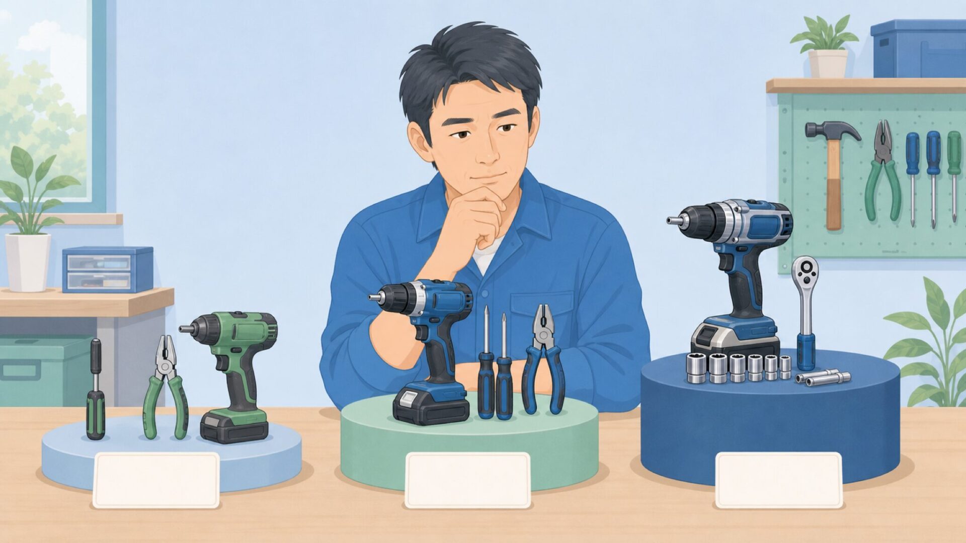 価格帯の違う工具を比較する作業机