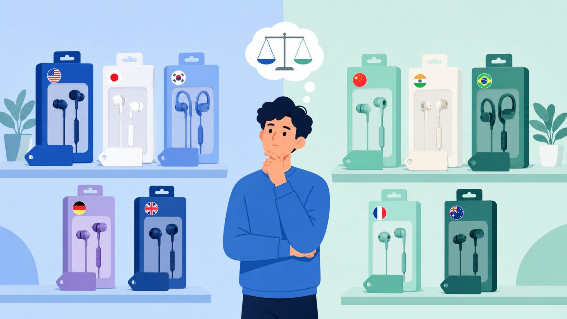 複数のイヤホンブランドを価格帯で比較検討する男性のフラットイラスト