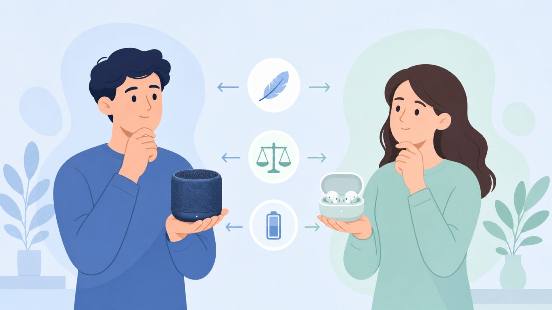 二人が異なるオーディオ製品を持ち比較するフラットイラスト