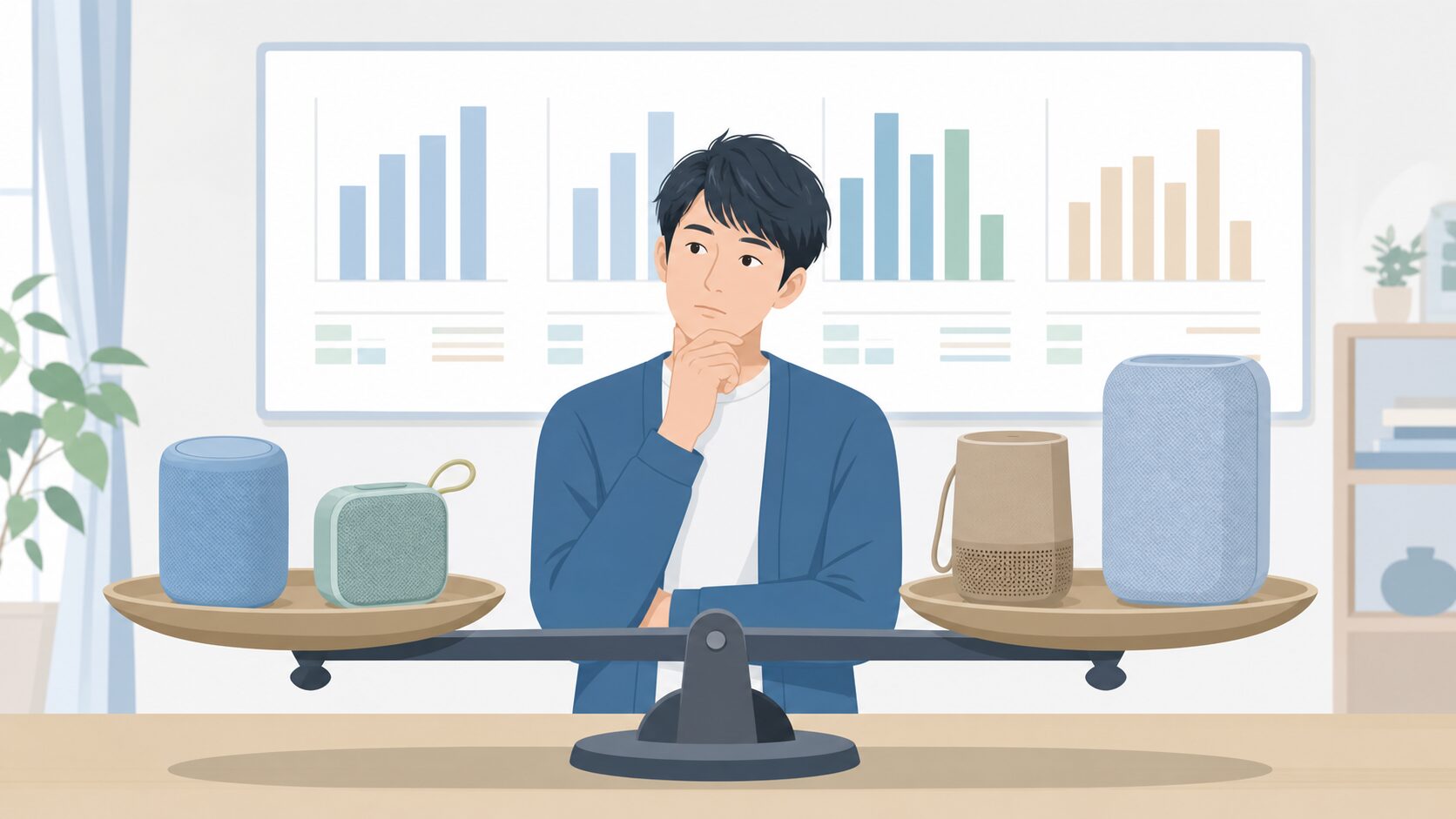 スピーカーを天秤で比較するフラットイラスト