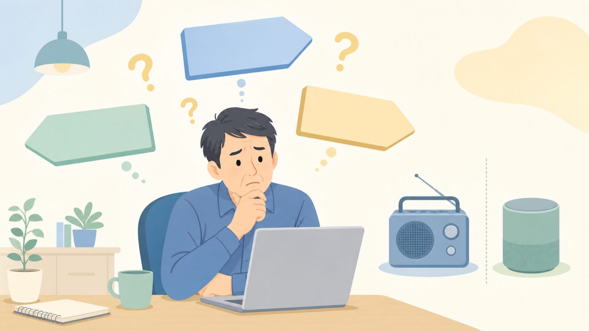 表記揺れと同名ブランドで混乱する読者の様子を描いたイラスト