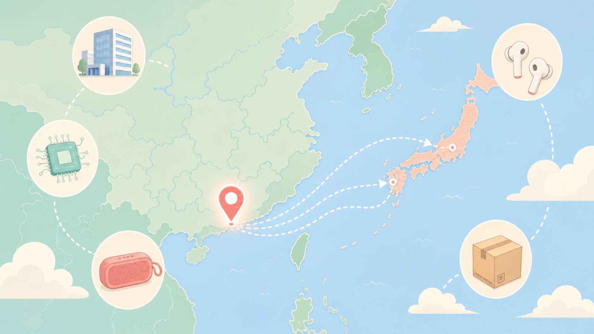 中国・深センに立つピンとアジア地図の概念図