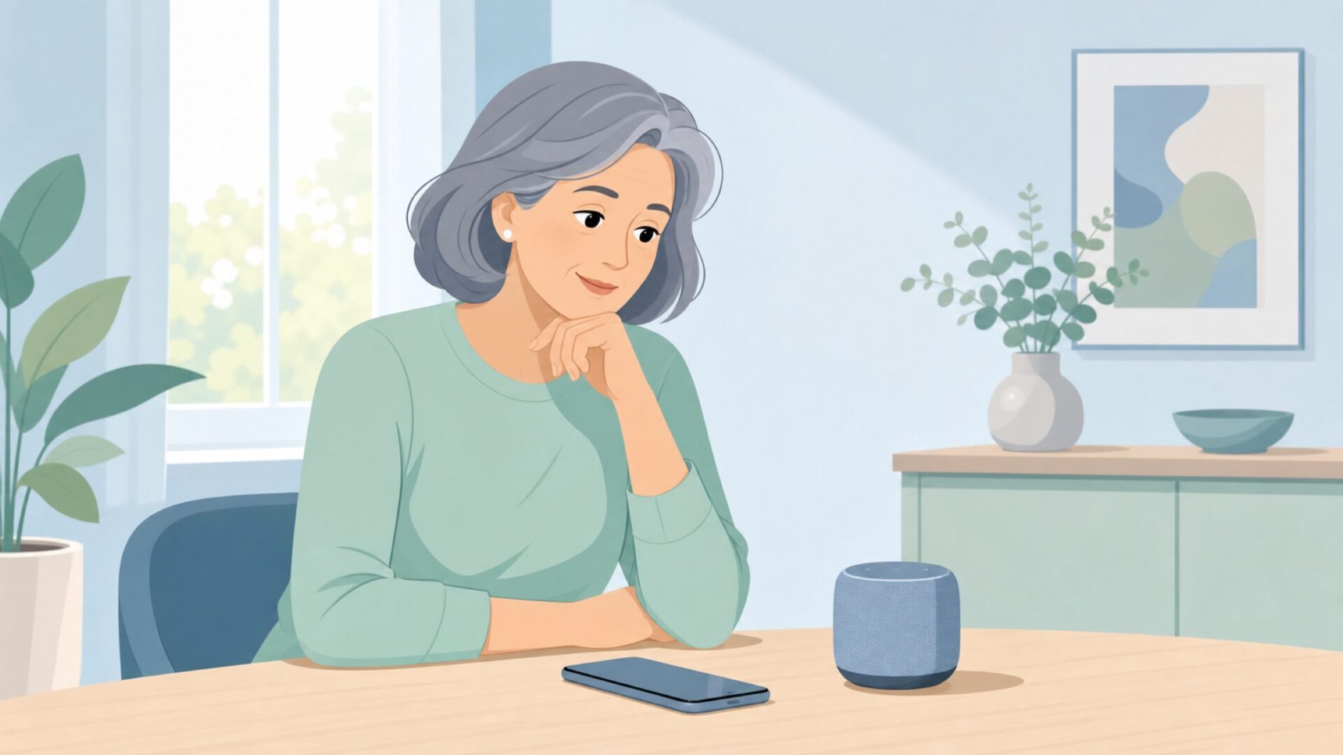 Swissvoice製品を見て考え込む女性のイラスト