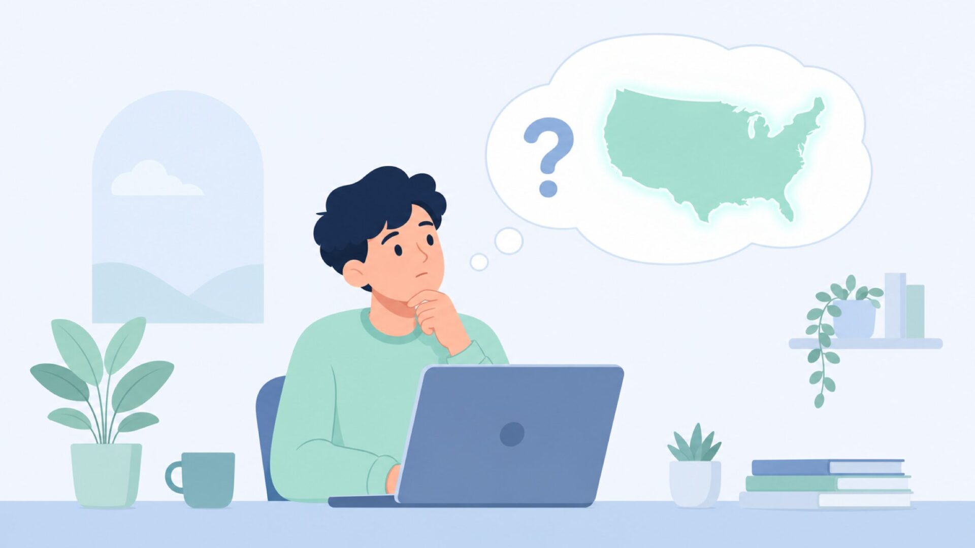 アメリカの地図と疑問を持つ人物のフラットイラスト