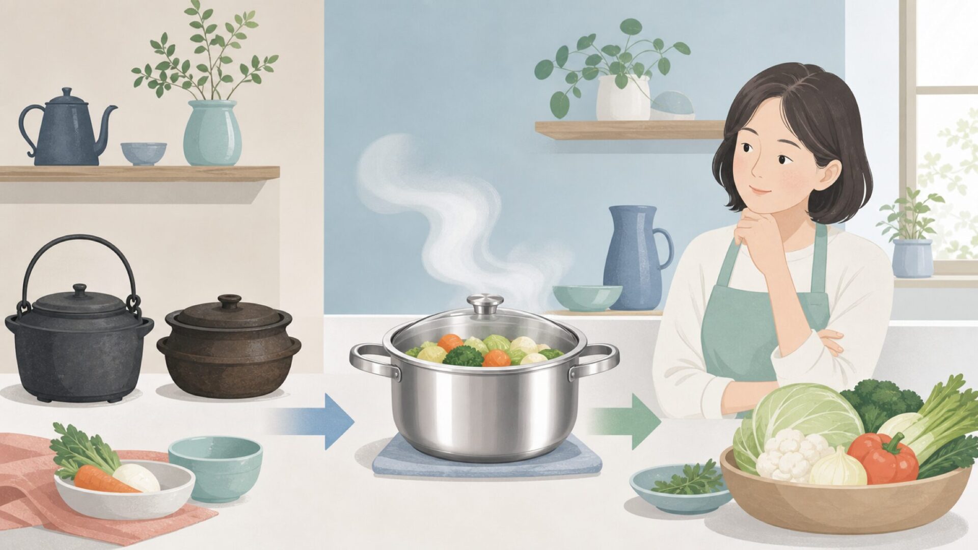 水なし調理の歴史と鍋の進化を表すイラスト