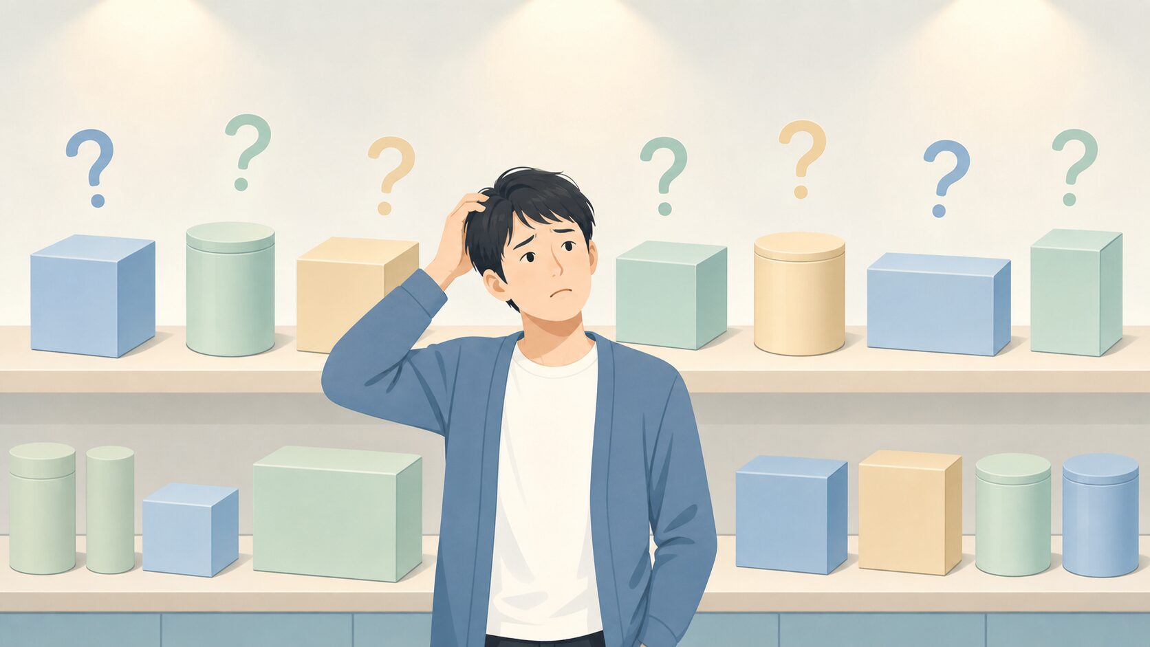 似た名前のブランド箱と困惑する男性のフラットイラスト