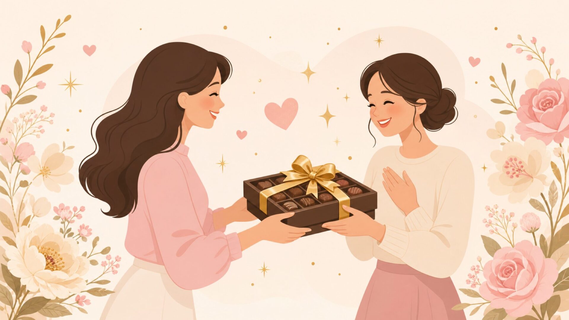 女性がチョコギフトを手渡すお礼のシーンイラスト