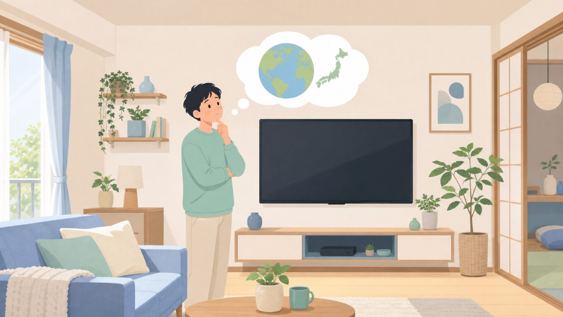 どこの国のブランドか疑問を持つ人物と地球儀のイラスト