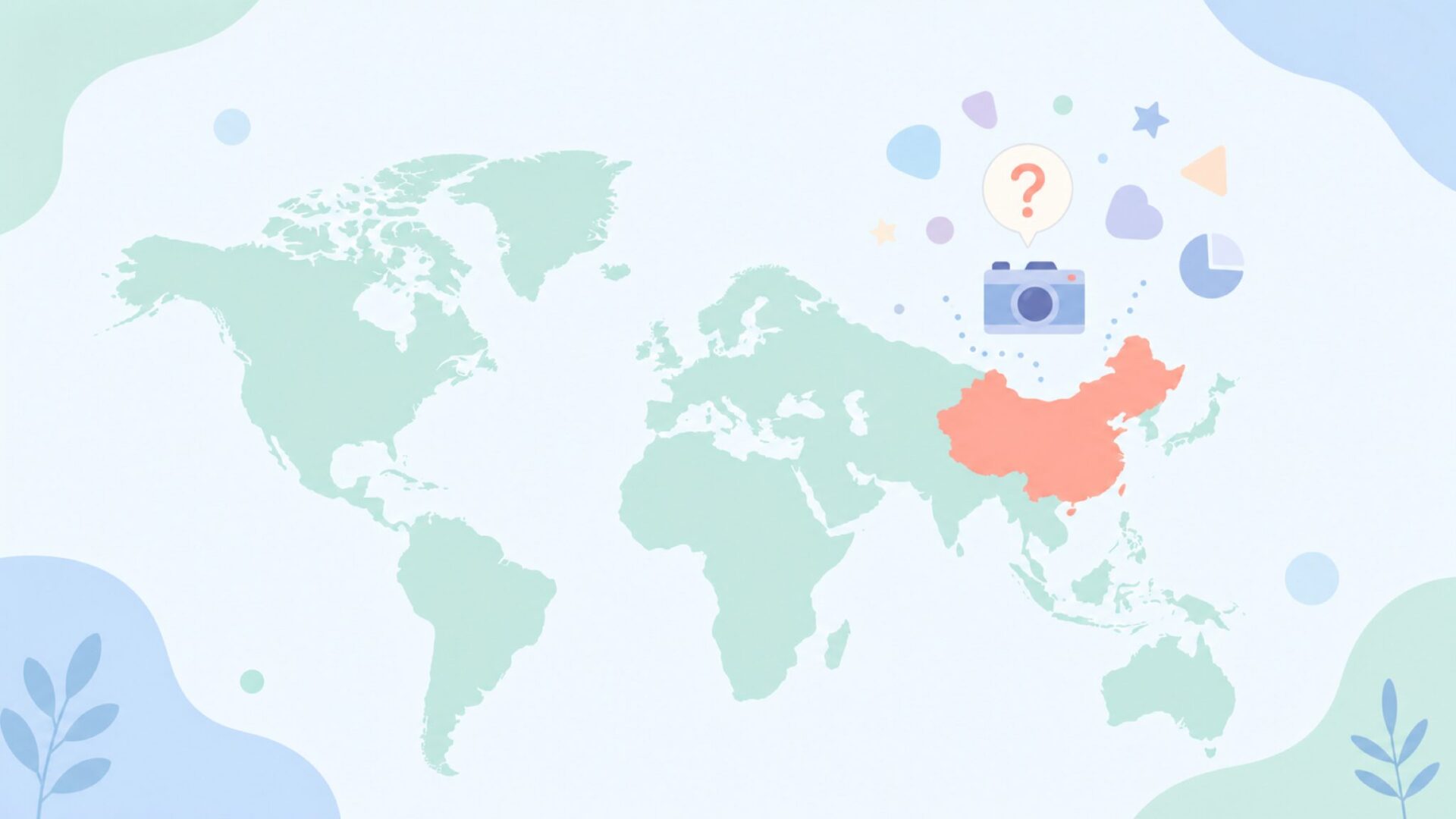 世界地図に中国が示され、カメラブランドの出所を表すイラスト