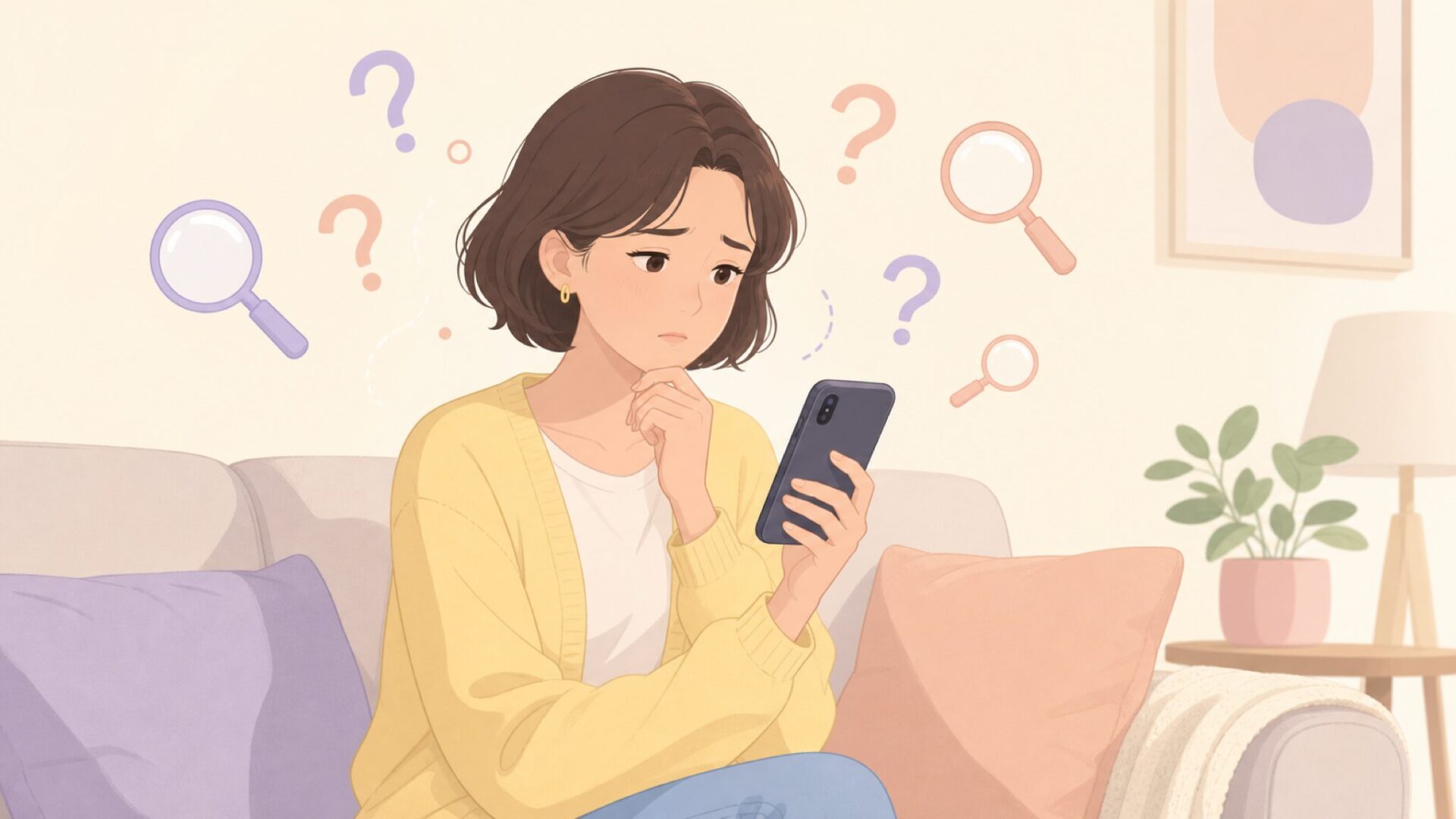聞いたことのないブランドに不安を感じながらスマホで調べる女性のイラスト