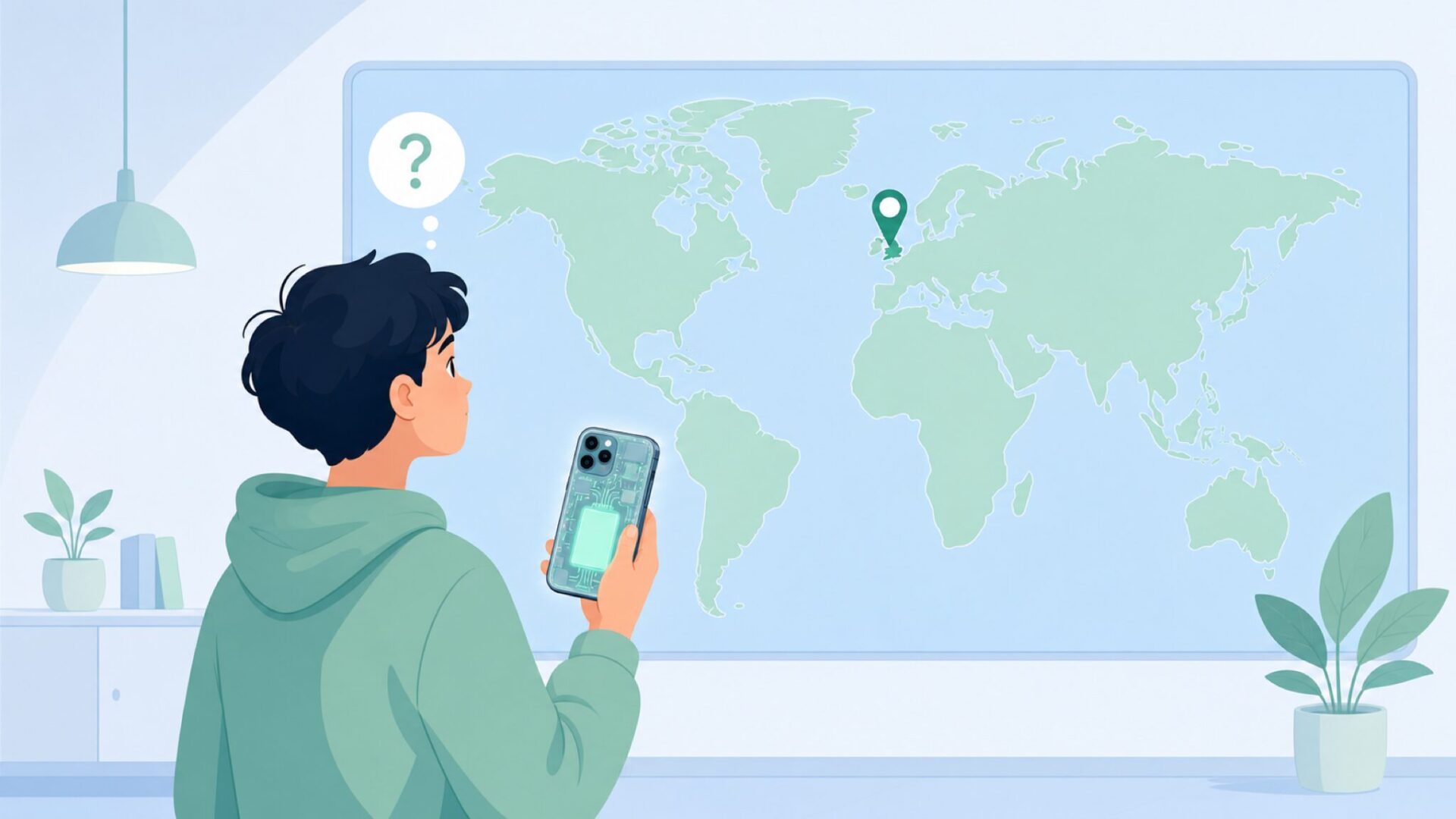 世界地図の前でNothingブランドの発祥を調べる若者のイラスト