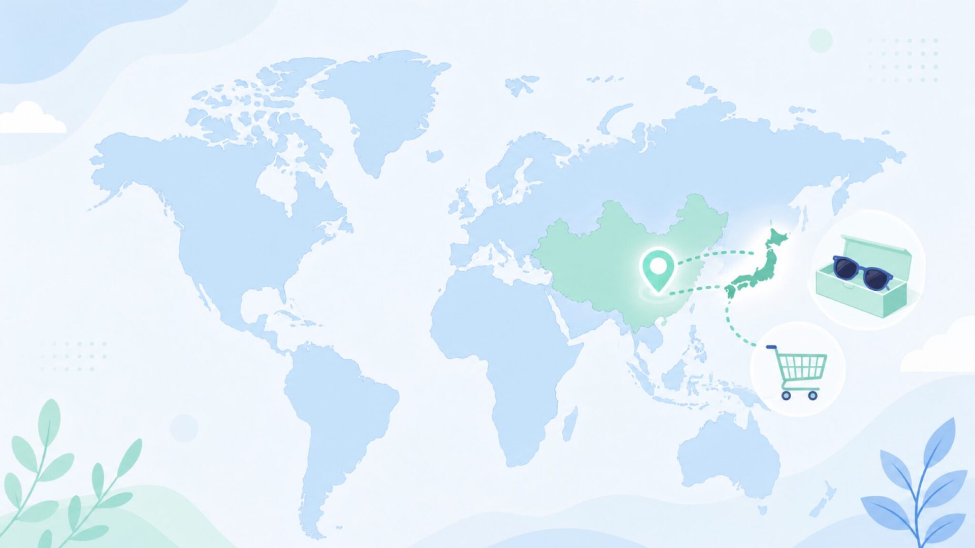 世界地図に中国と日本をつなぐピンが描かれたブランド出身国の説明イラスト