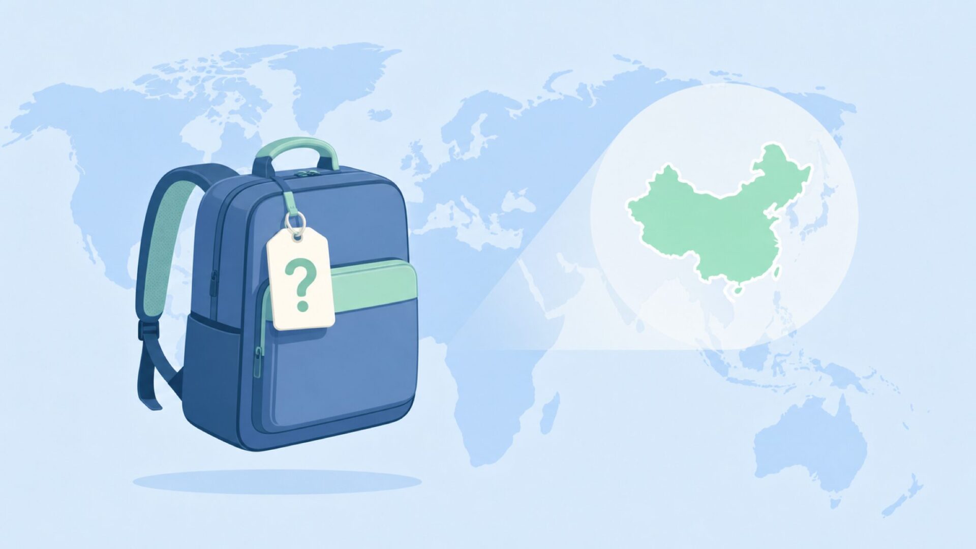 中国を指す世界地図とビジネスリュックのフラットイラスト