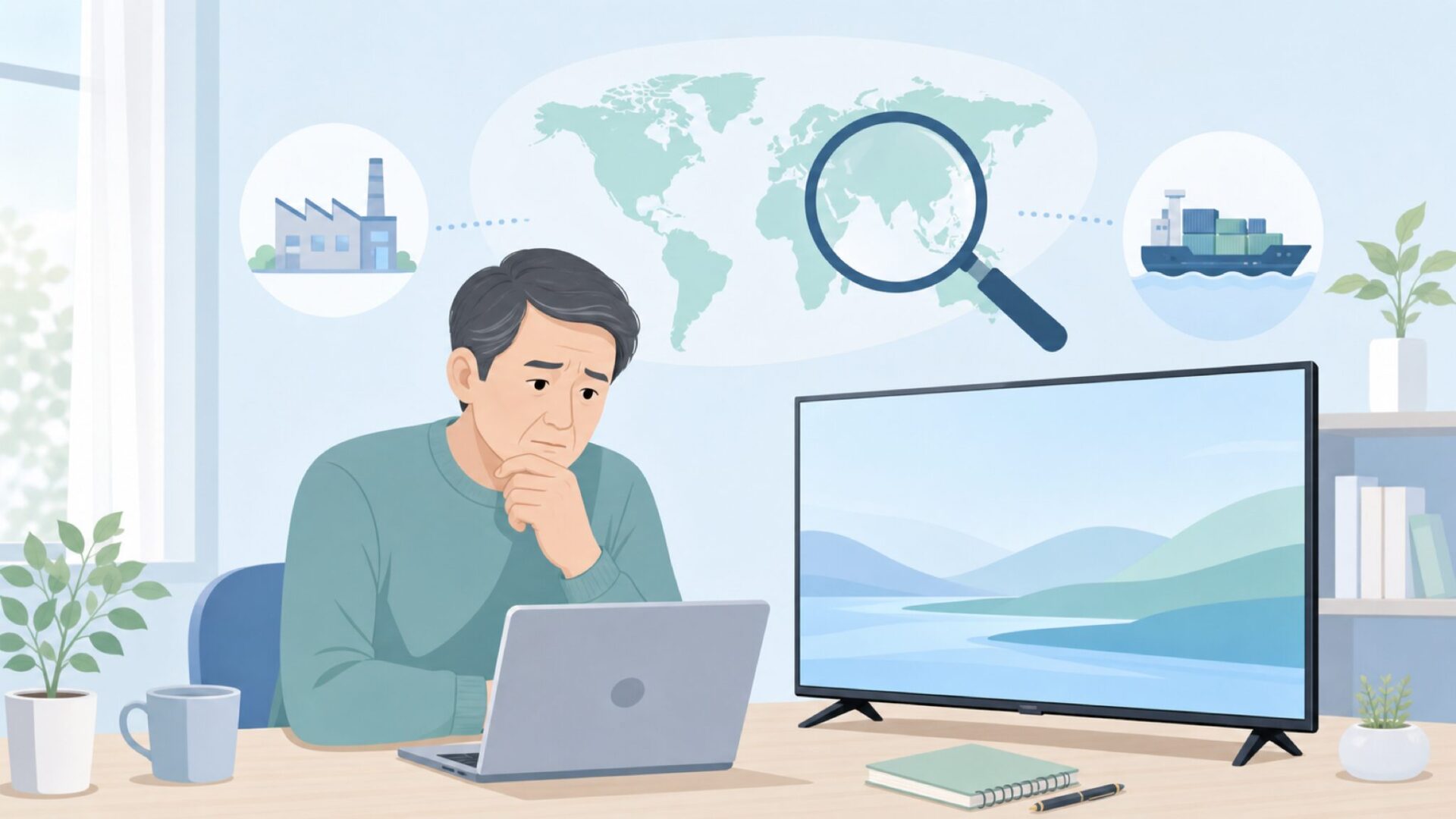 テレビメーカーの国籍を調べる人のイラスト
