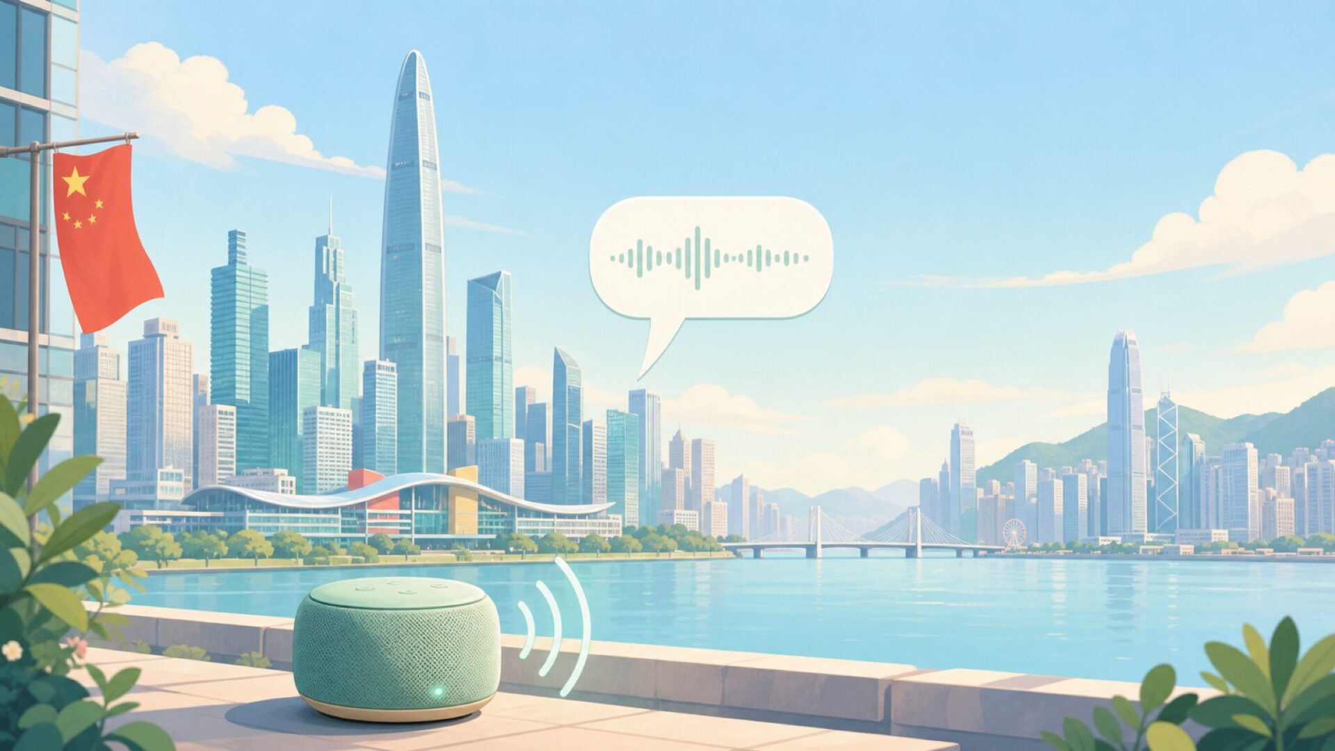中国深圳の街並みとオーディオブランドの拠点を象徴するイラスト