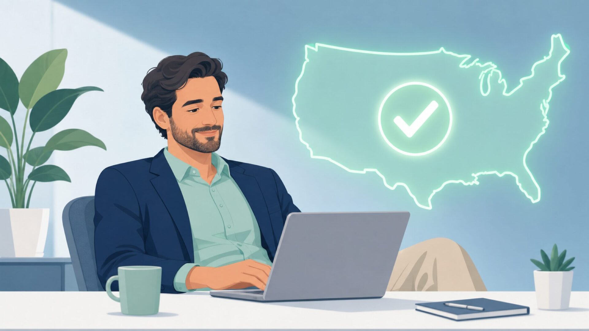 スマホでブランド情報を調べて安心している男性のフラットイラスト