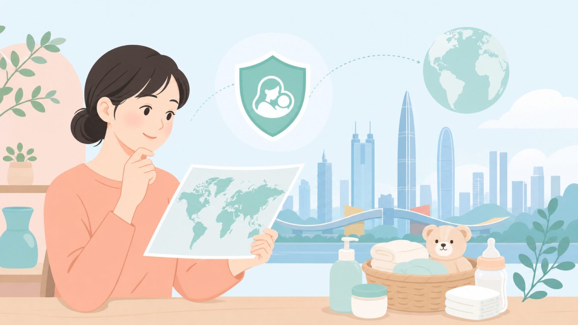 ブランドの国籍を確認して安心する母親のイラスト