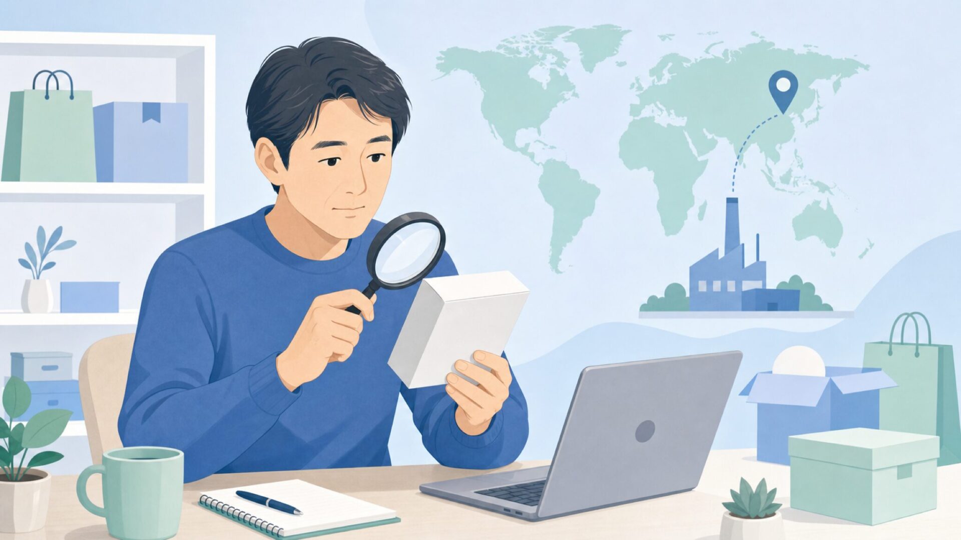 ブランドの国を調べる買い物客