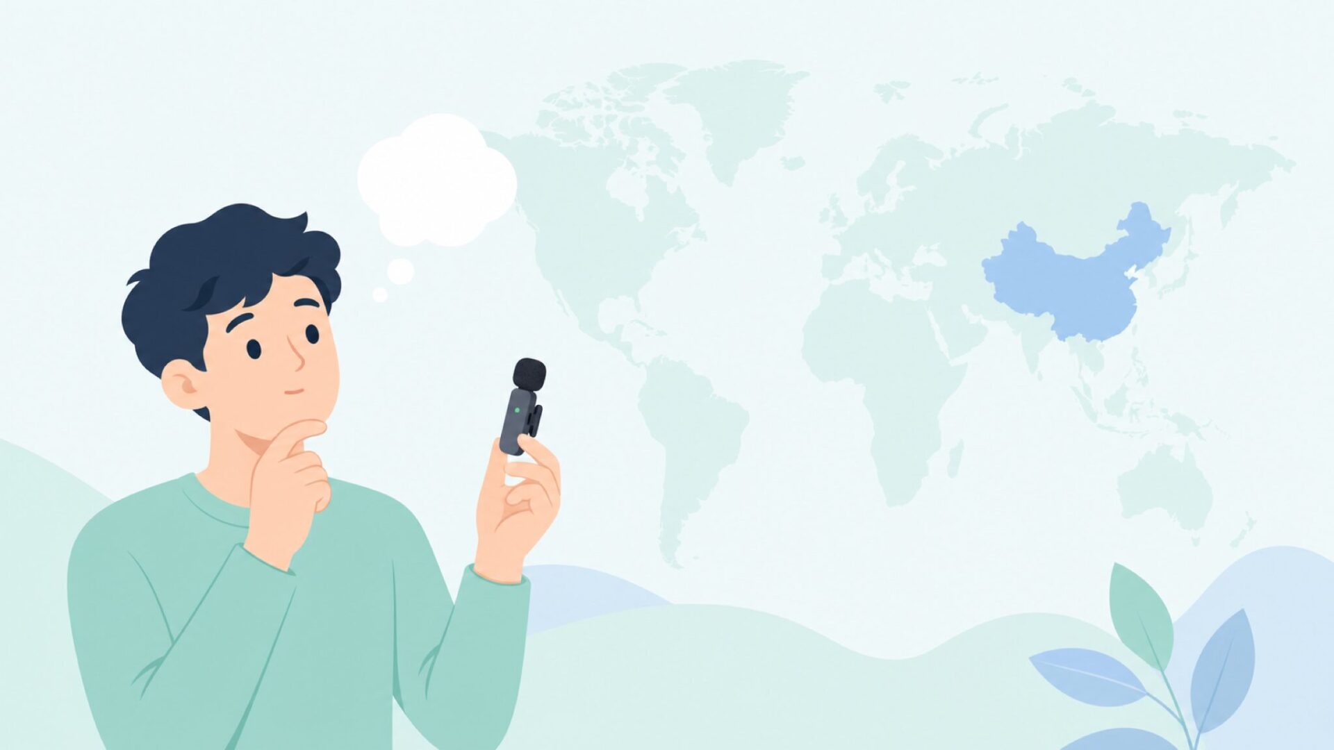 中国の位置が強調された世界地図とSmallRig Audioのマイクを持つクリエイターのイラスト