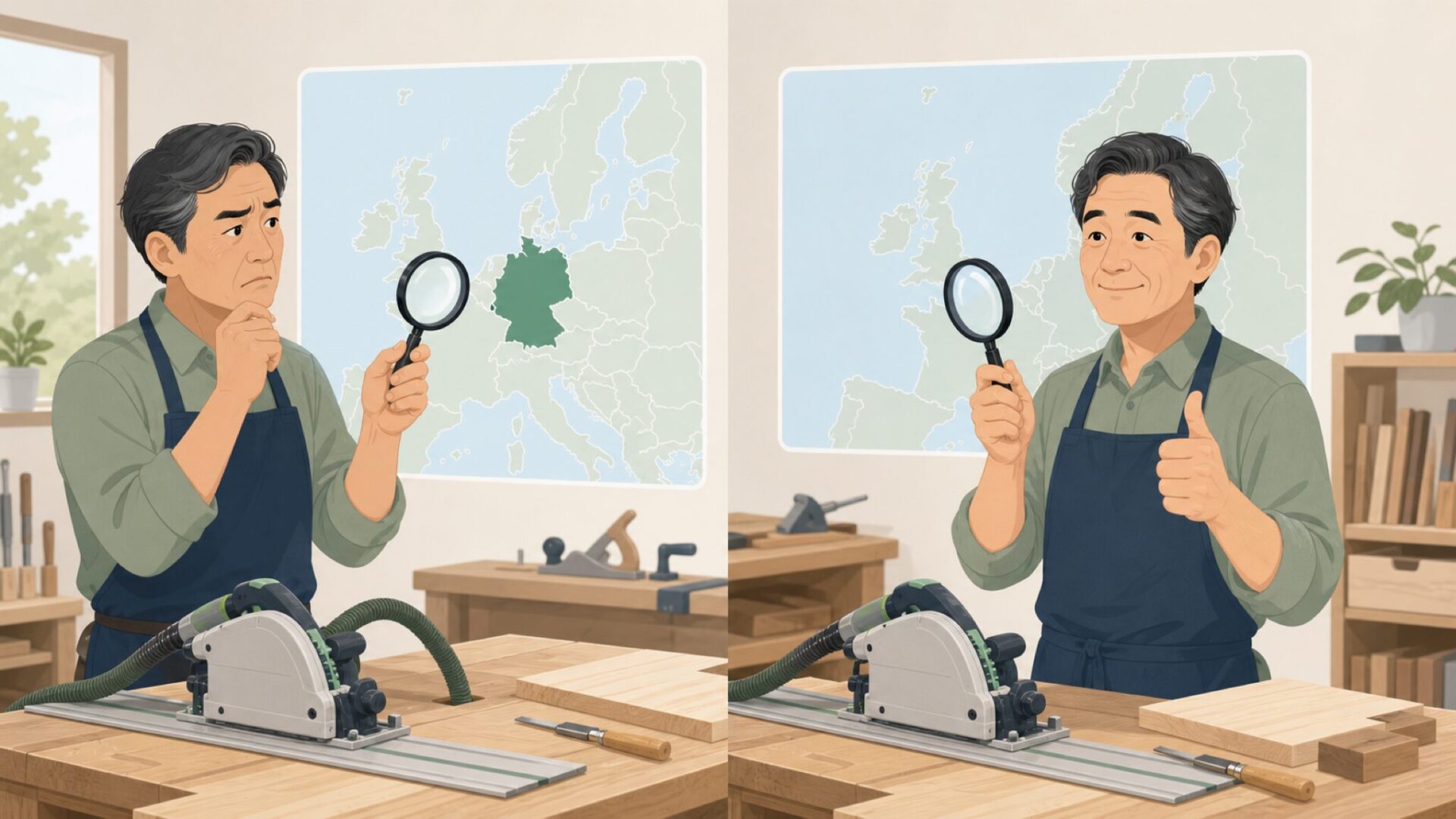 ドイツ発ブランドか確認する木工職人のイラスト
