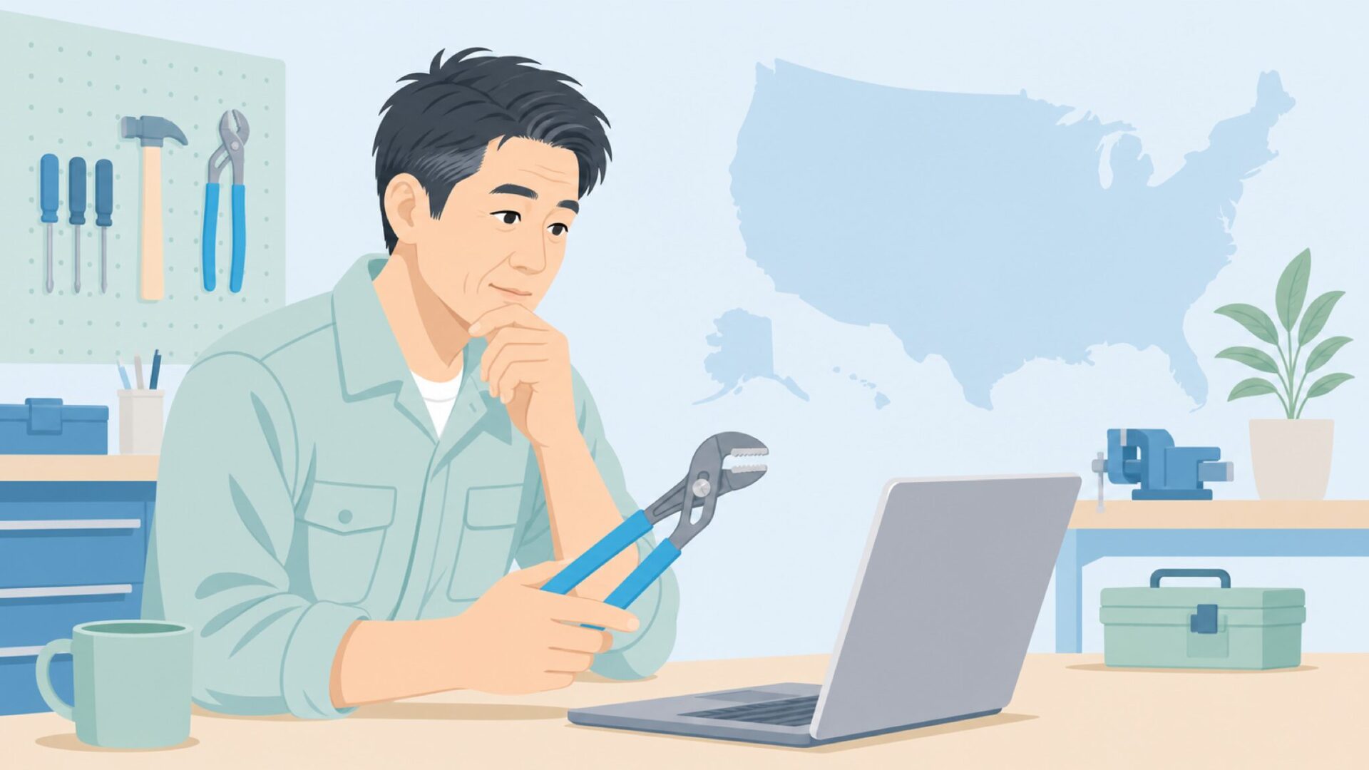 通販で工具の国籍を確認する職人のイラスト