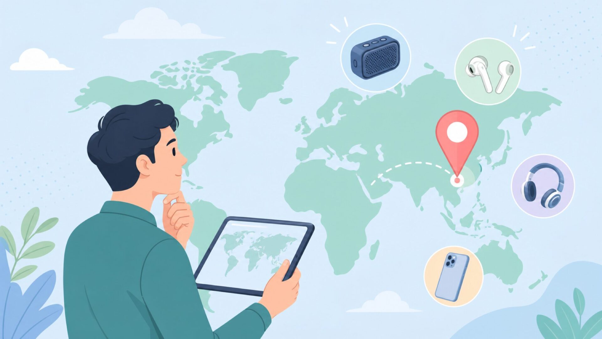 地球儀とイギリス国旗でブランドの出所を考える人のイラスト