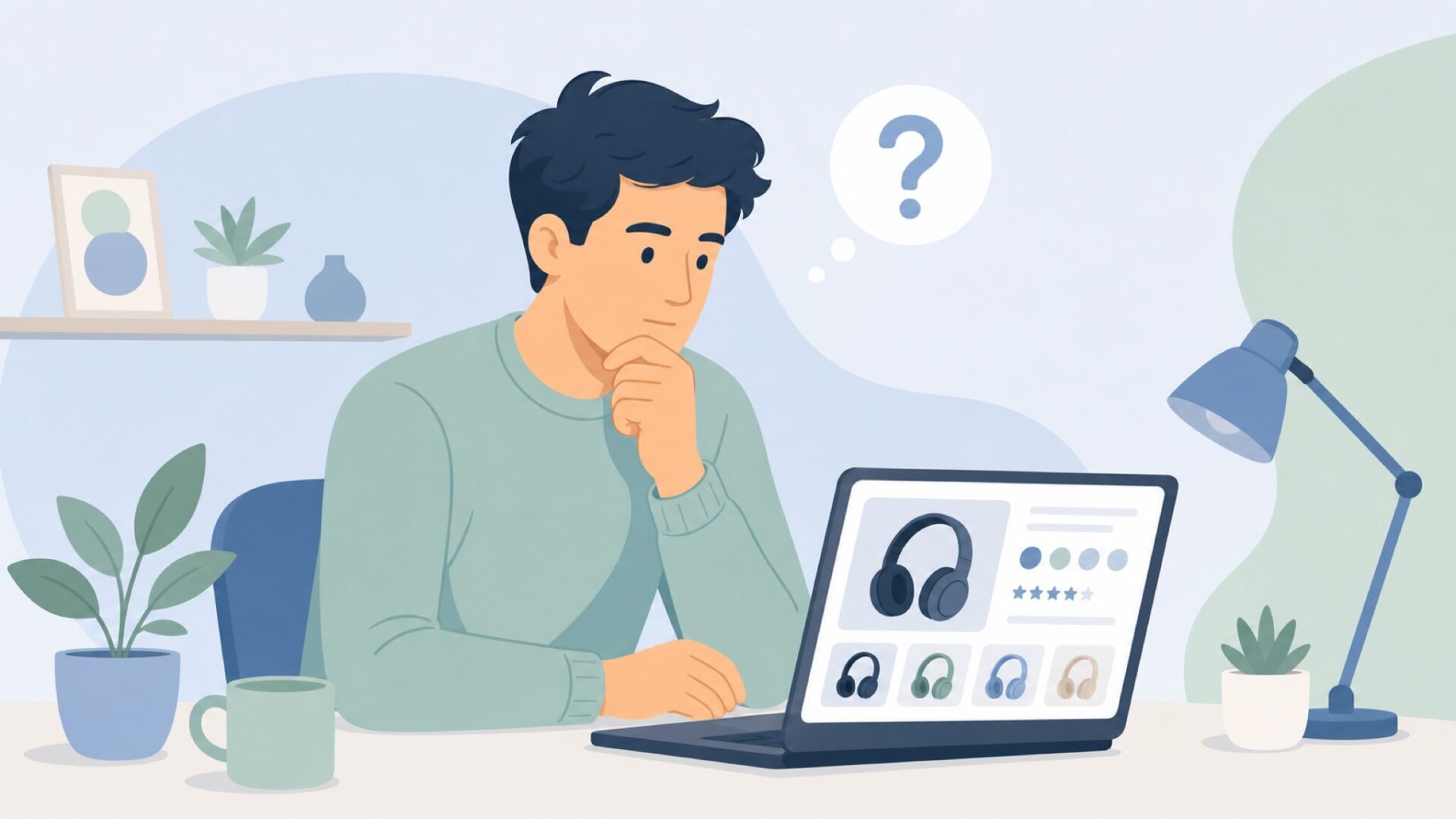 ブランドの出所を調べるパソコン前の男性のイラスト