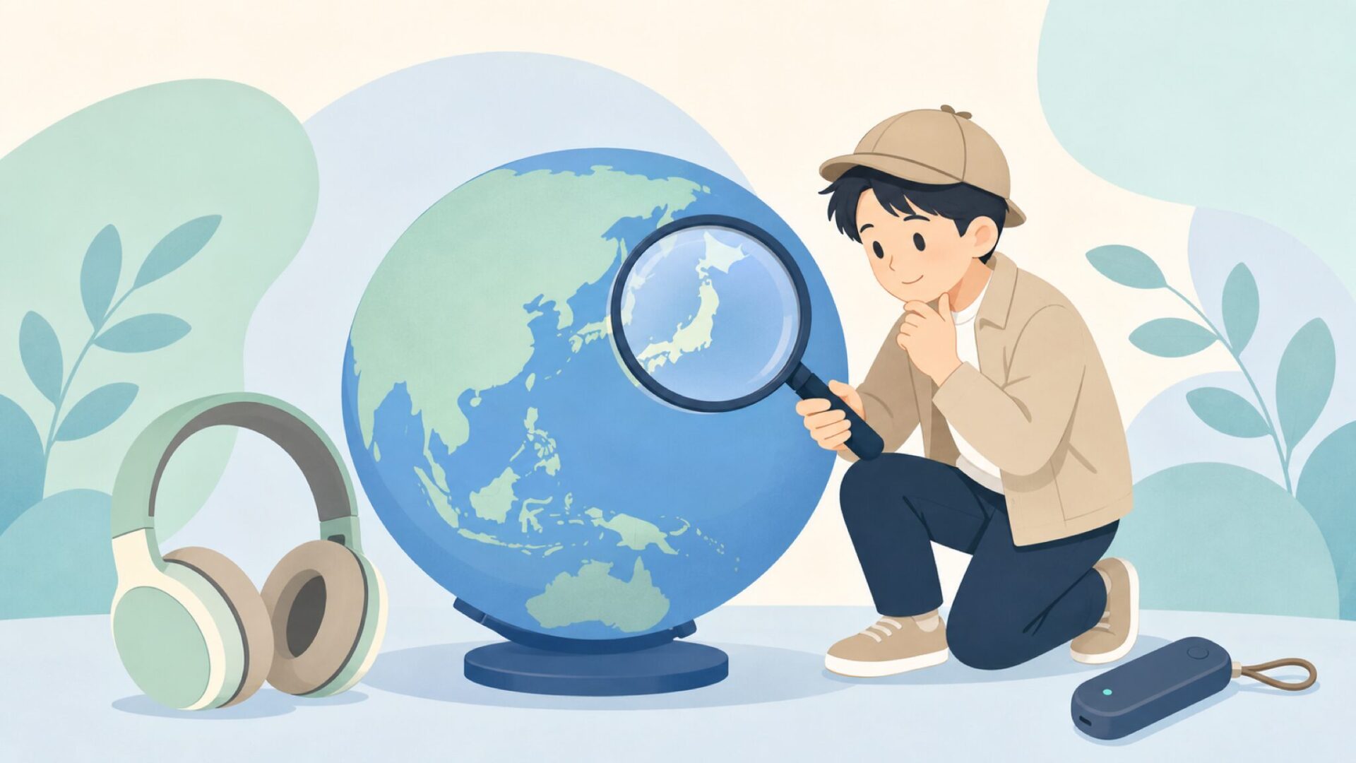 地球儀でブランドの拠点を調べるイラスト