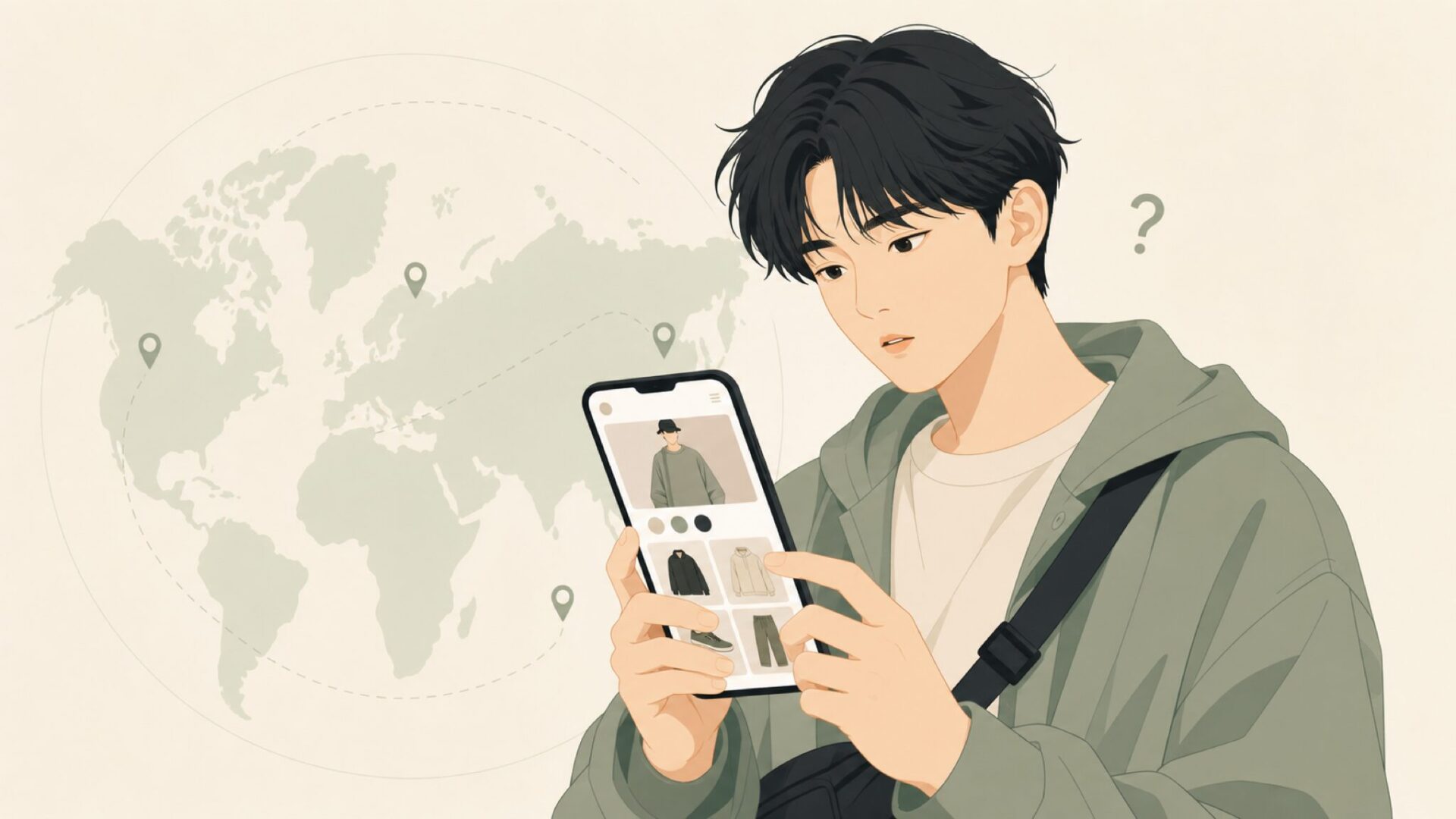 スマートフォンでファッションブランドを調べる若い男性のフラットイラスト