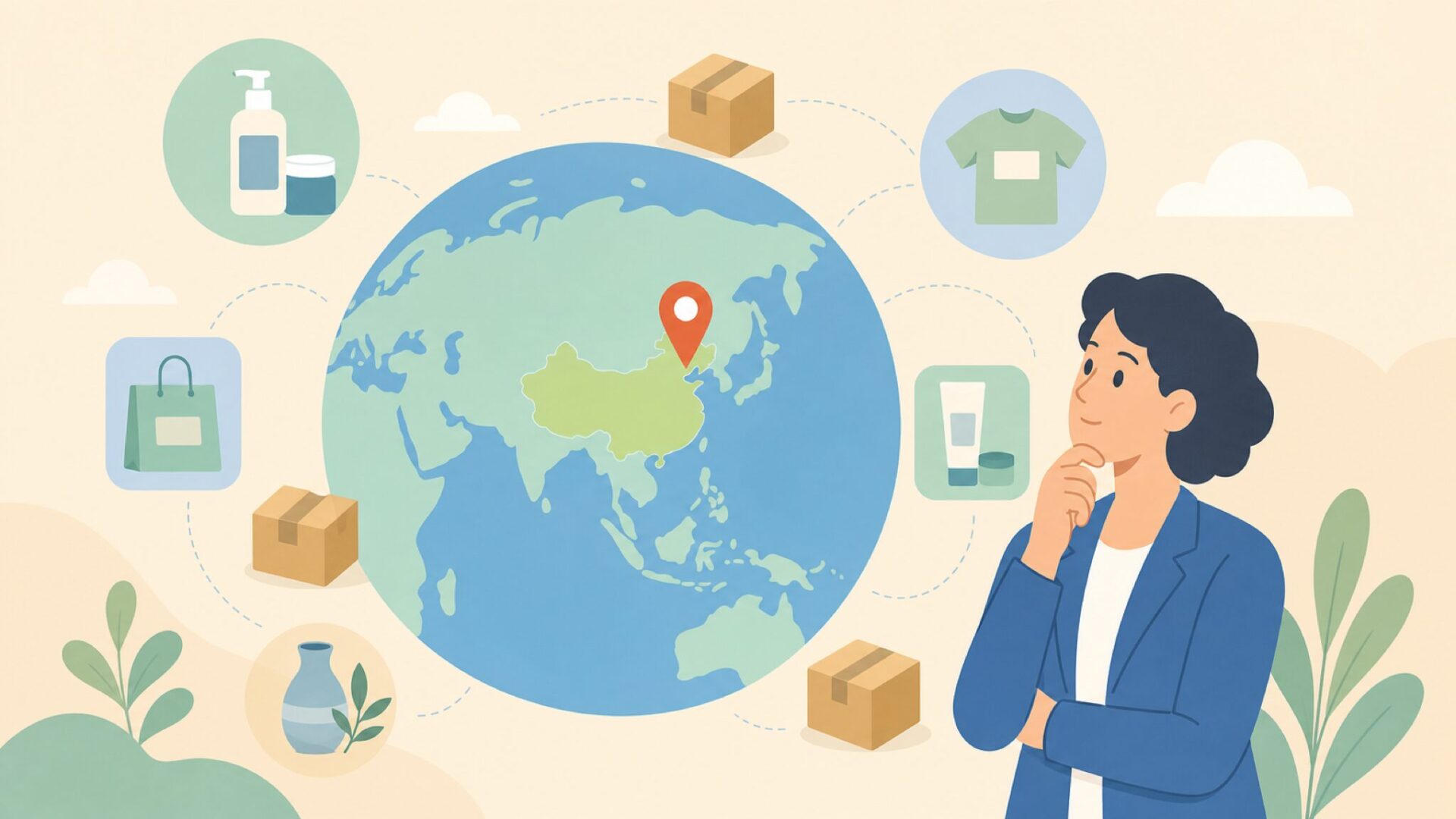 世界地図の中国に赤いピンが刺さり、人物が疑問顔で地球を見ているイラスト