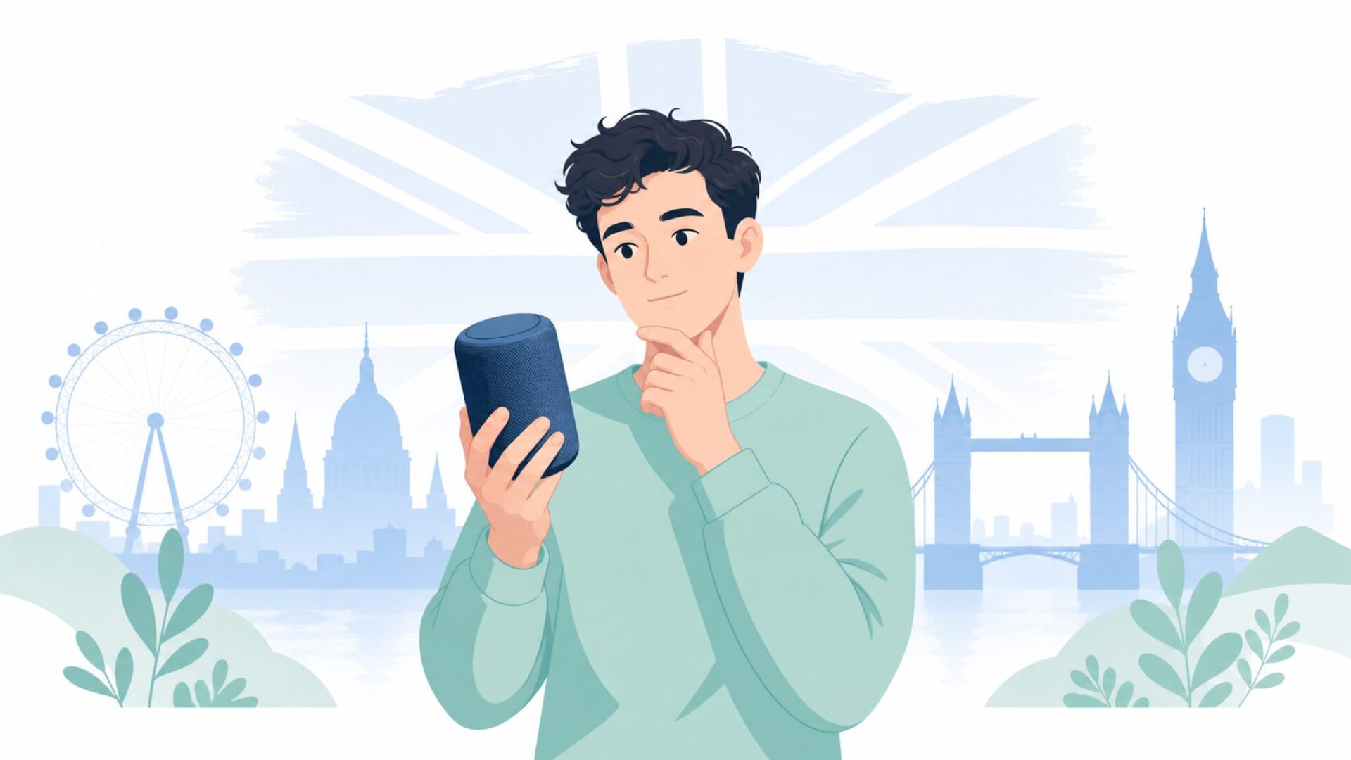 NudeAudioスピーカーを手に持ちロンドンの背景を背景に立つ人物