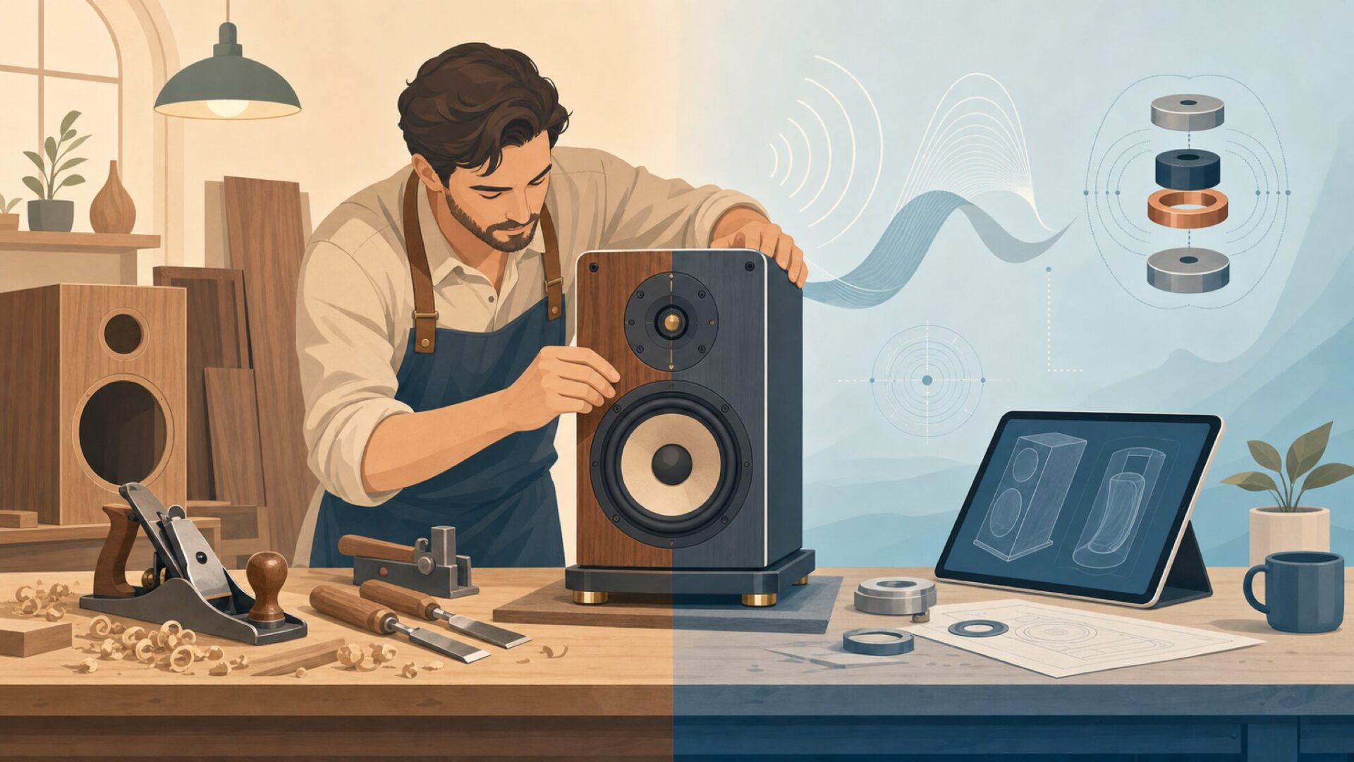 伝統と先端技術を融合させてスピーカーを設計する職人のイラスト