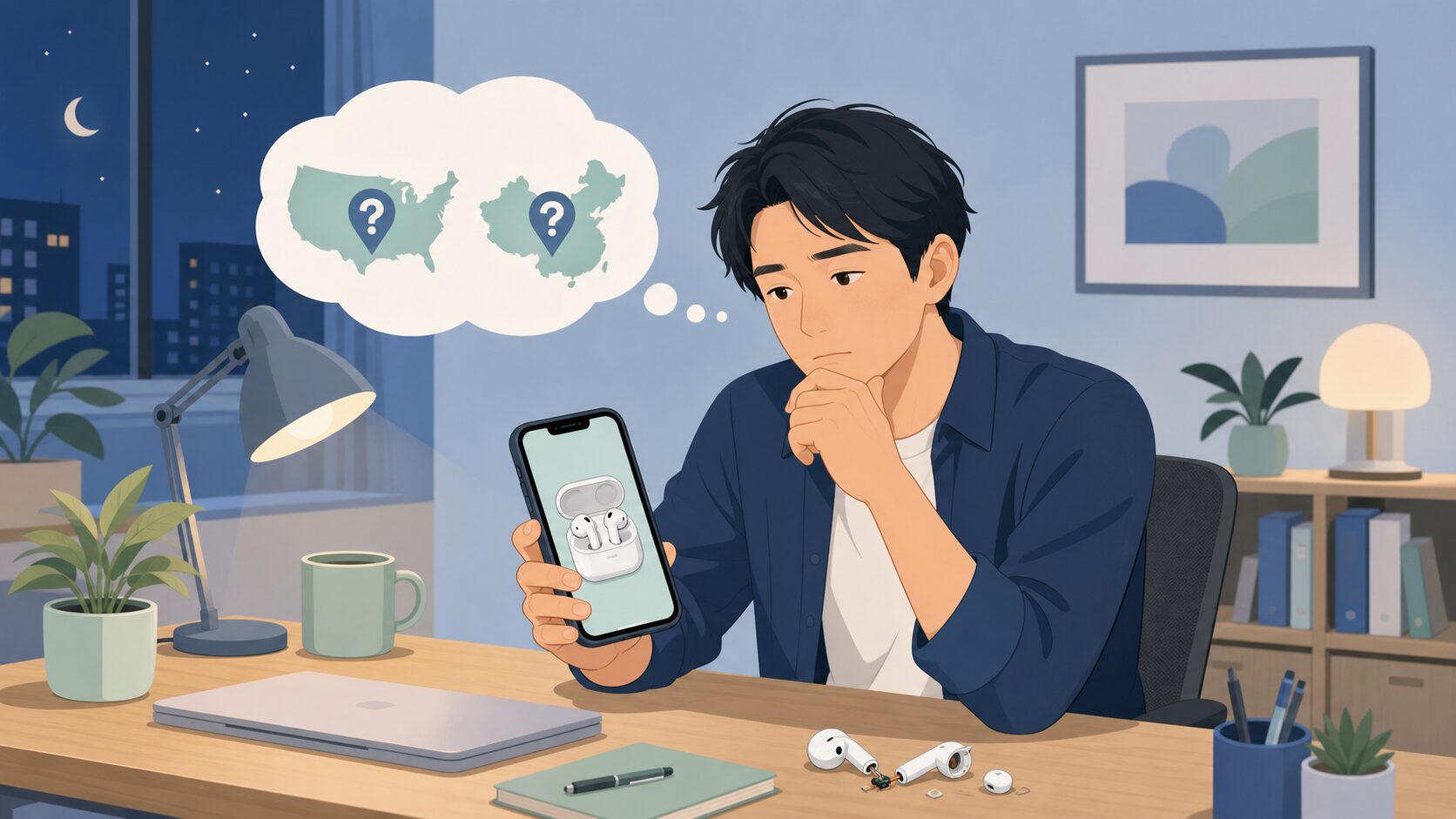 スマホでブランド情報を確認しながら国籍に疑問を持つビジネスマンのイラスト
