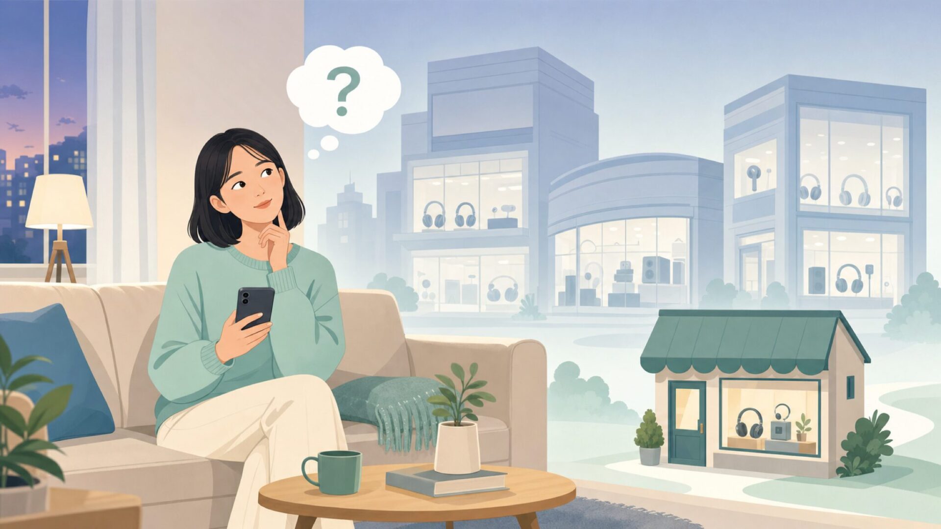 スマホを片手に首をかしげる女性とブランド認知のギャップを描いたイラスト
